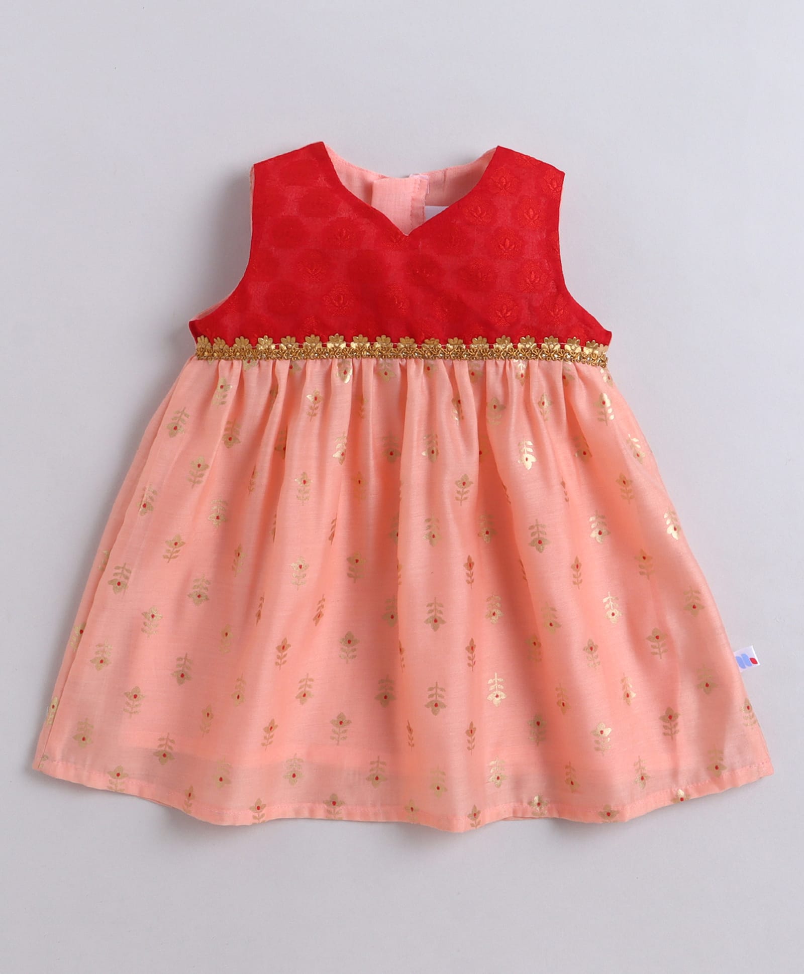 Many frocks & Chanderi Woven Sleeveless Floral Foil Printed & Lace Embellished Dress - Peach & Red-image-29