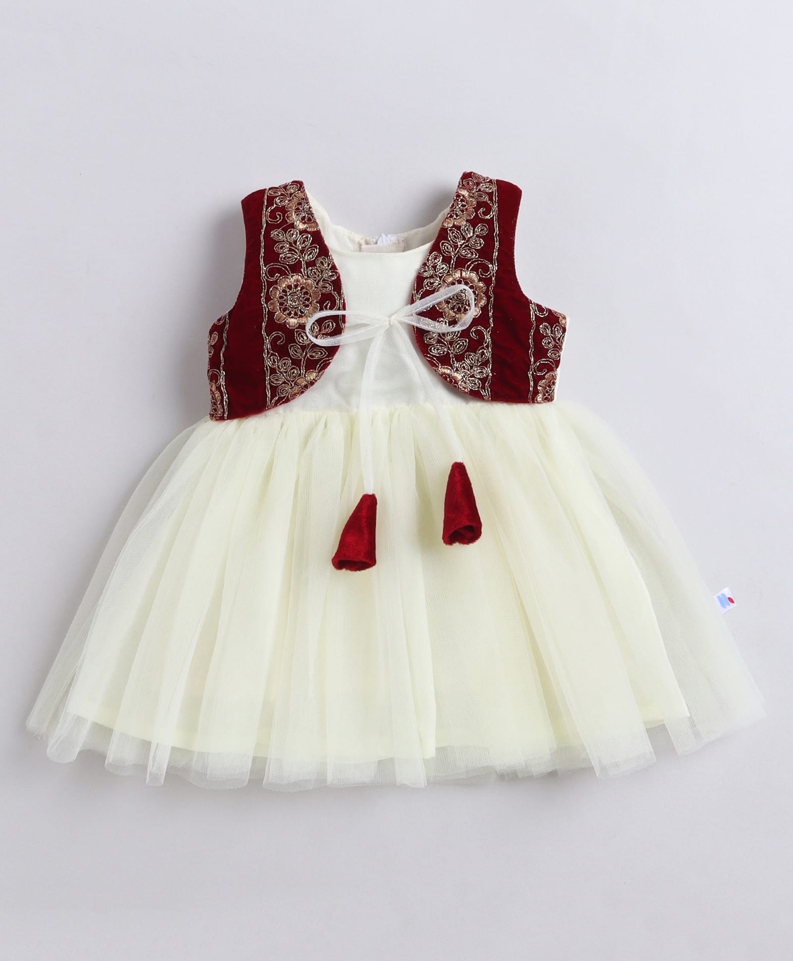 Many frocks & Net Woven Sleeveless Floral Embroidered Dress - Cream & Maroon-image-21