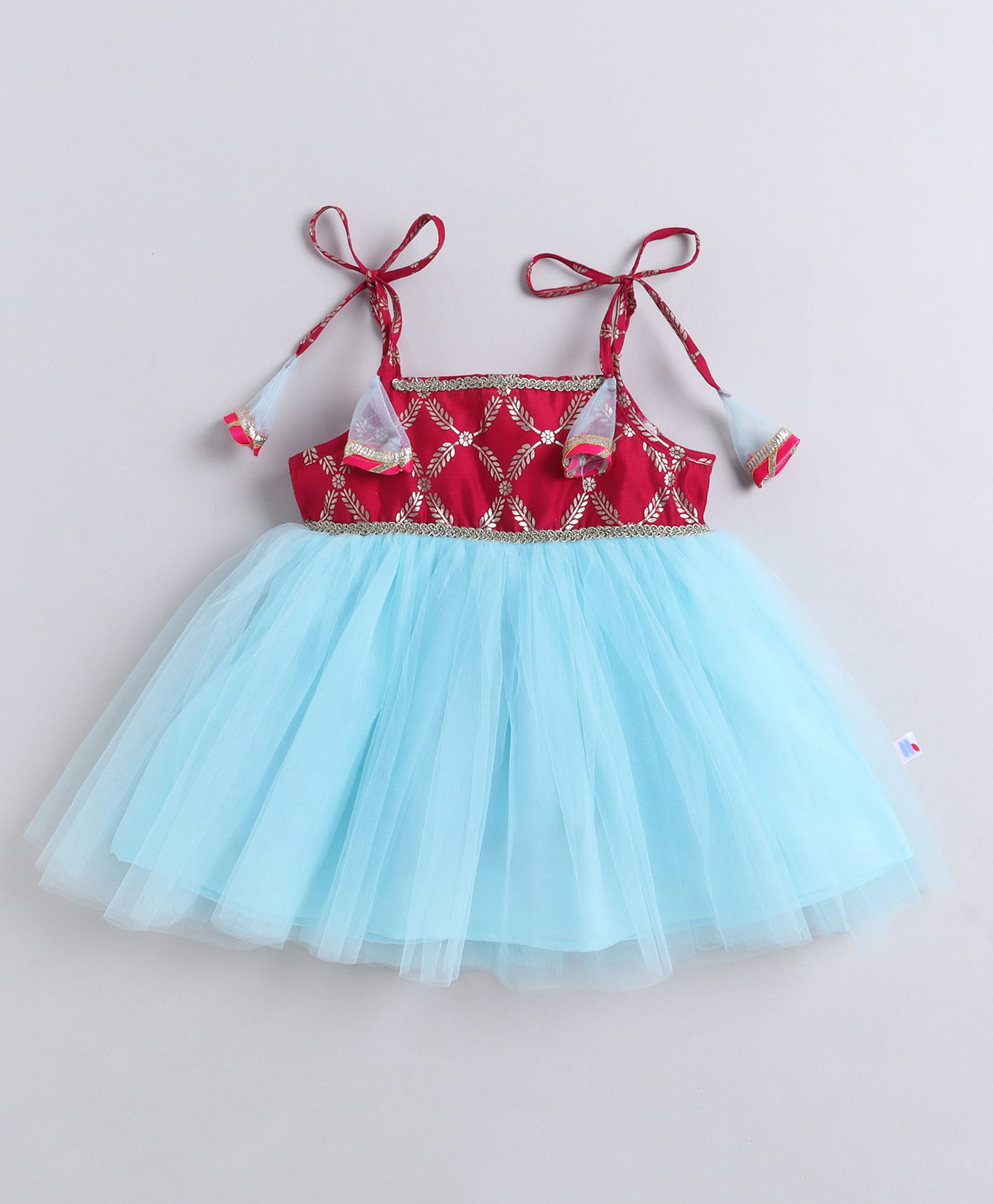 Many frocks & Net Woven Sleeveless Floral Foil Printed Dress - Blue & Pink-image-47