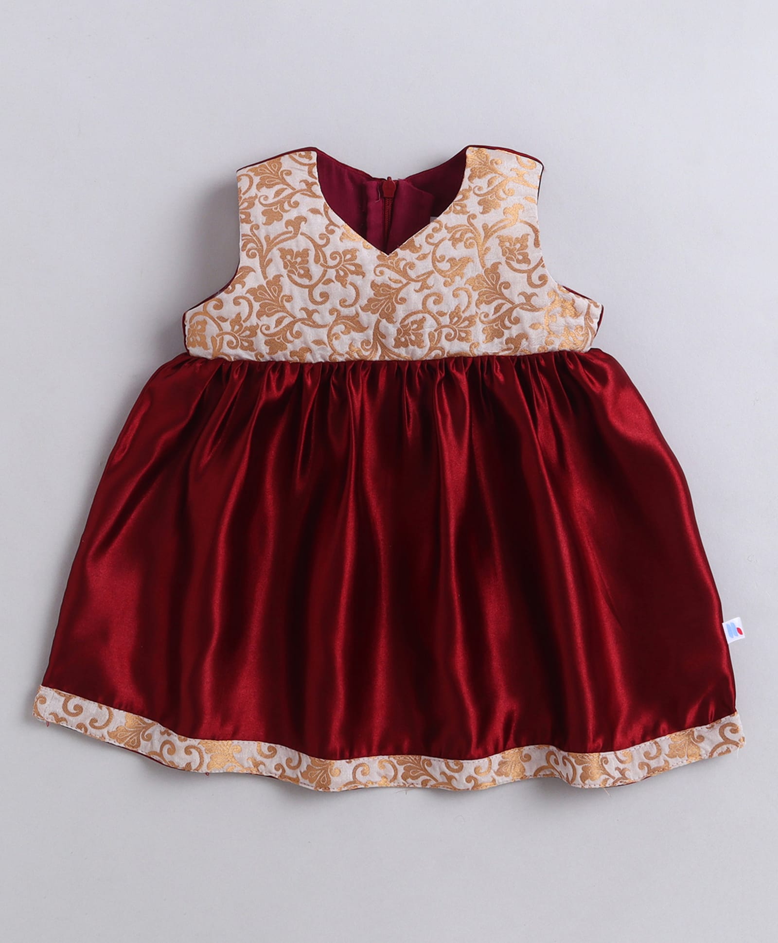 Many frocks & Satin Woven Sleeveless Abstract Embroidered Dress - Maroon & Beige-image-8
