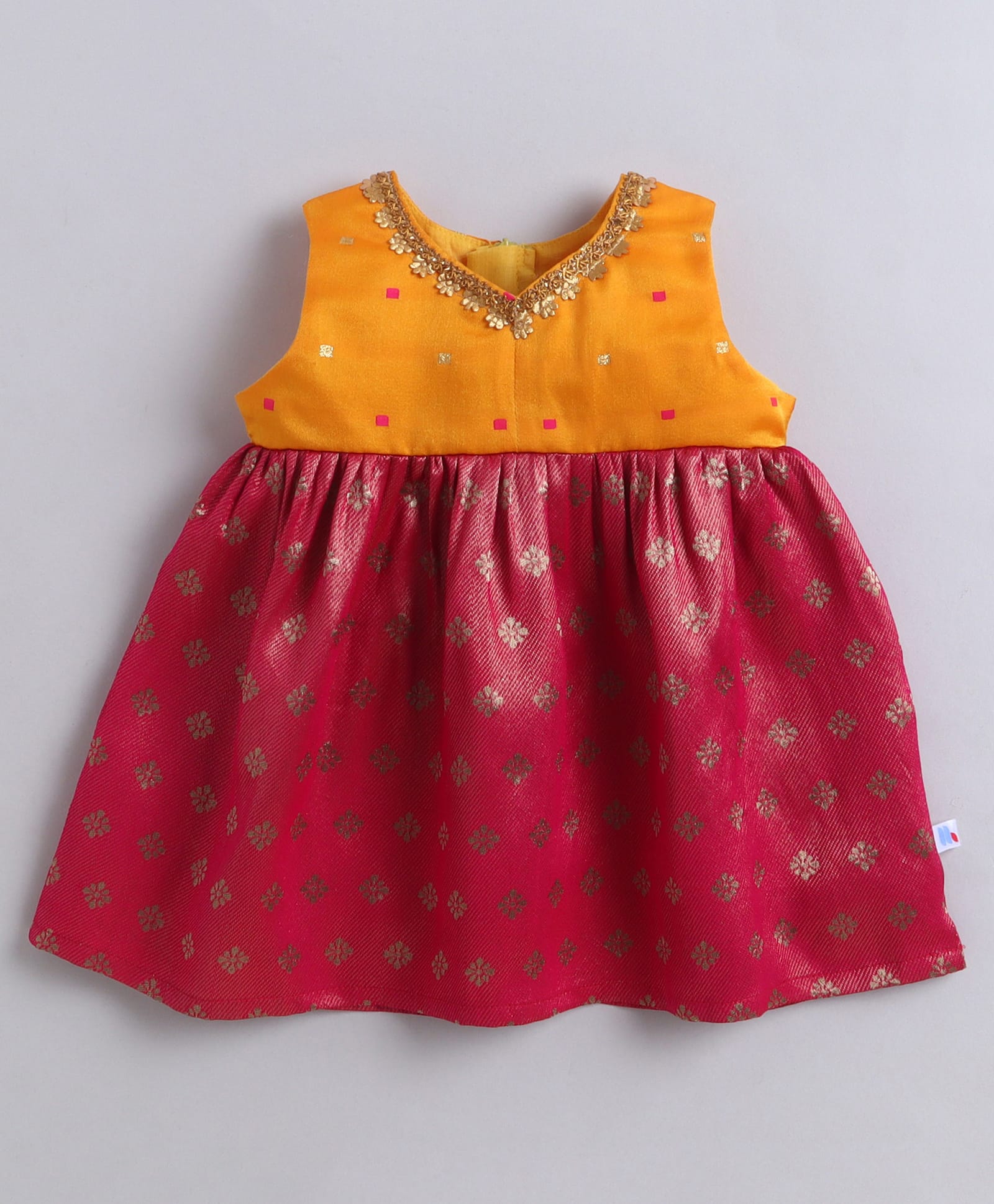 Many frocks & Brocade Woven Sleeveless Lace Embellished Dress - Pink & Yellow-image-25