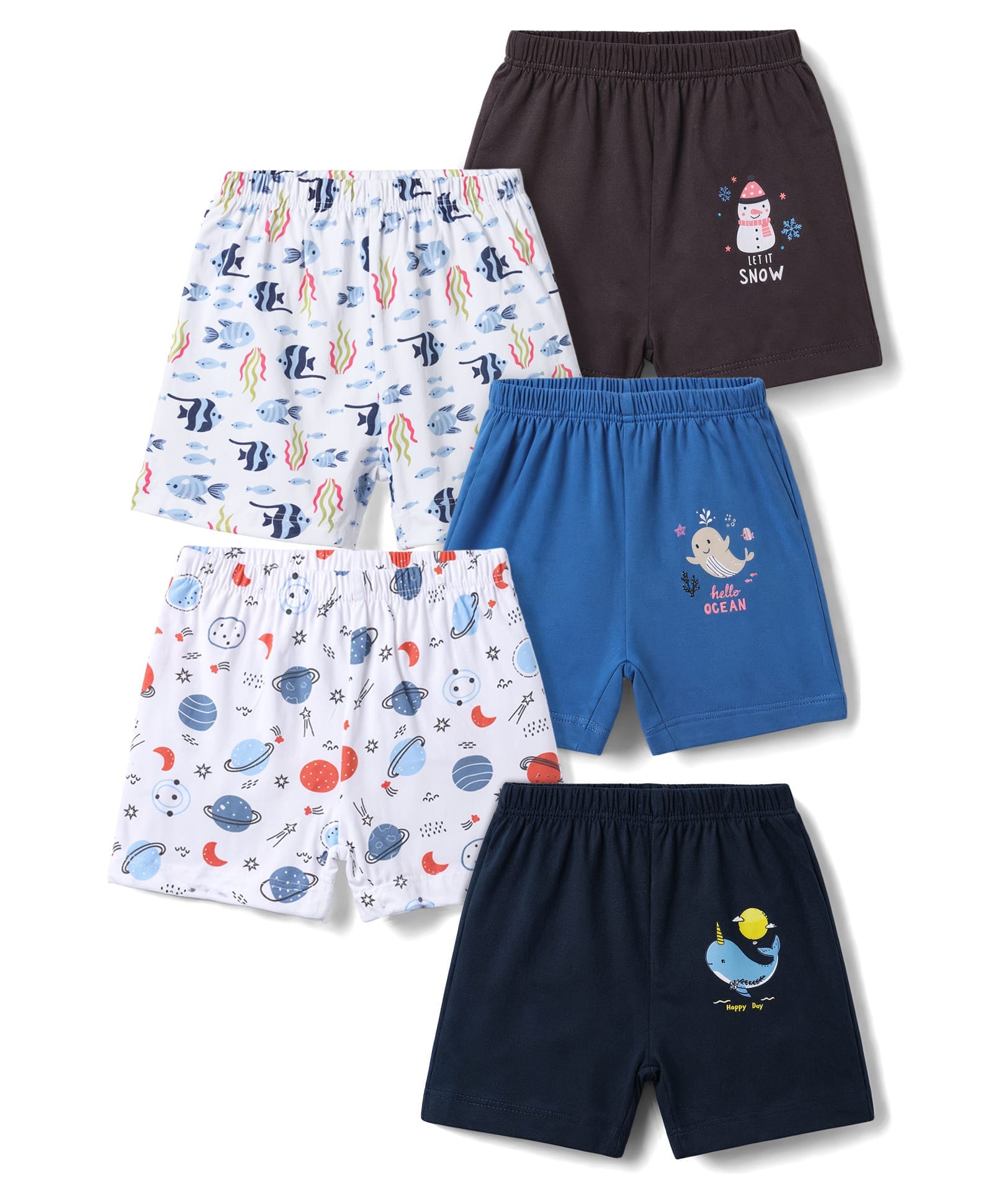 OHMS Single Jersey Knit Knee Length Sea Life & Space Theme Printed Shorts Pack Of 5 - Multicolor-image-12