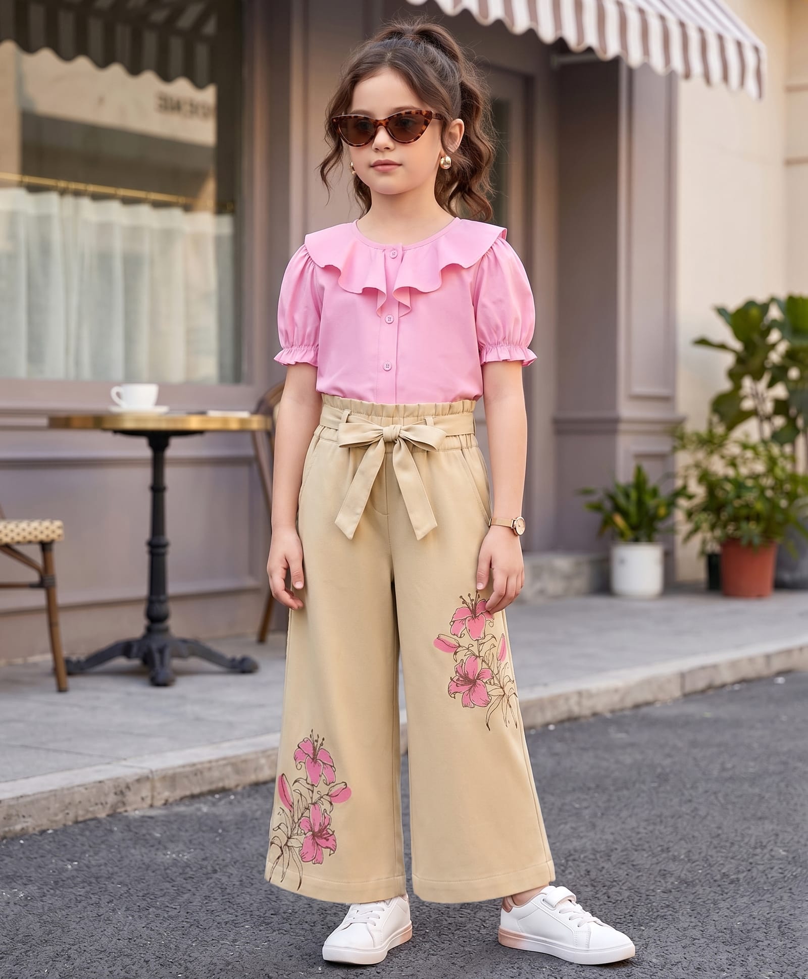 OLLINGTON ST. Viscose Woven Half Sleeves Frill Top & Culottes With Floral Print - Pink & Beige-image-13