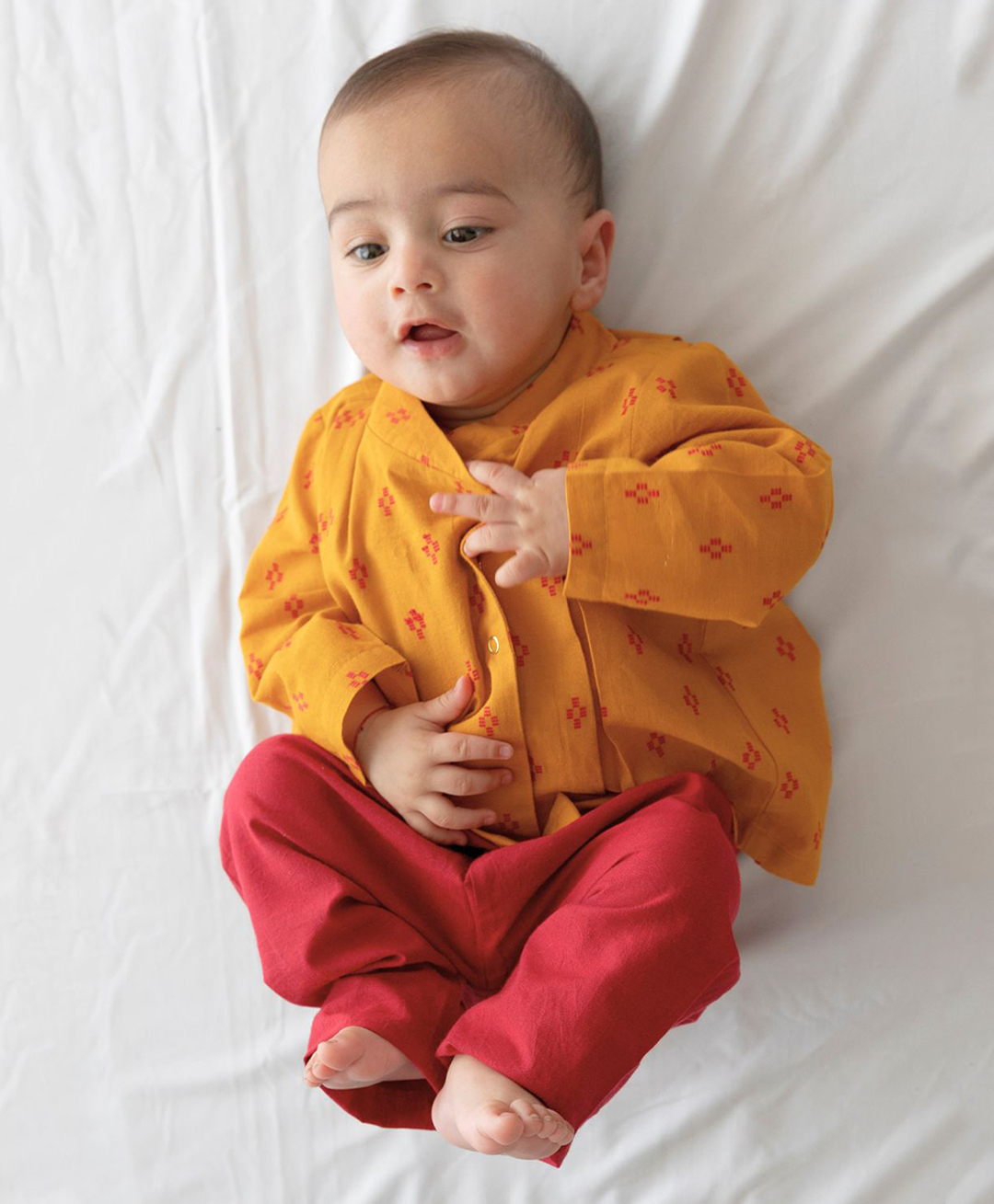 Tiber Taber Cotton Woven Full Sleeves Abstract Embroidered Kurta & Pyjamas Set - Yellow-image-25