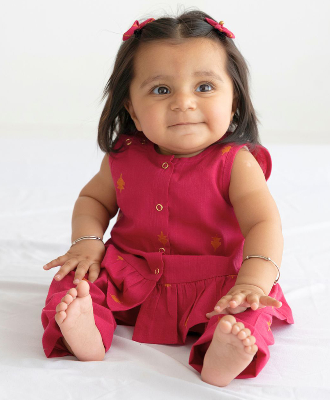 Tiber Taber Cotton Woven Sleeveless Motif Embroidered Coordinating Top & Striped Pants Set - Red-picture-24