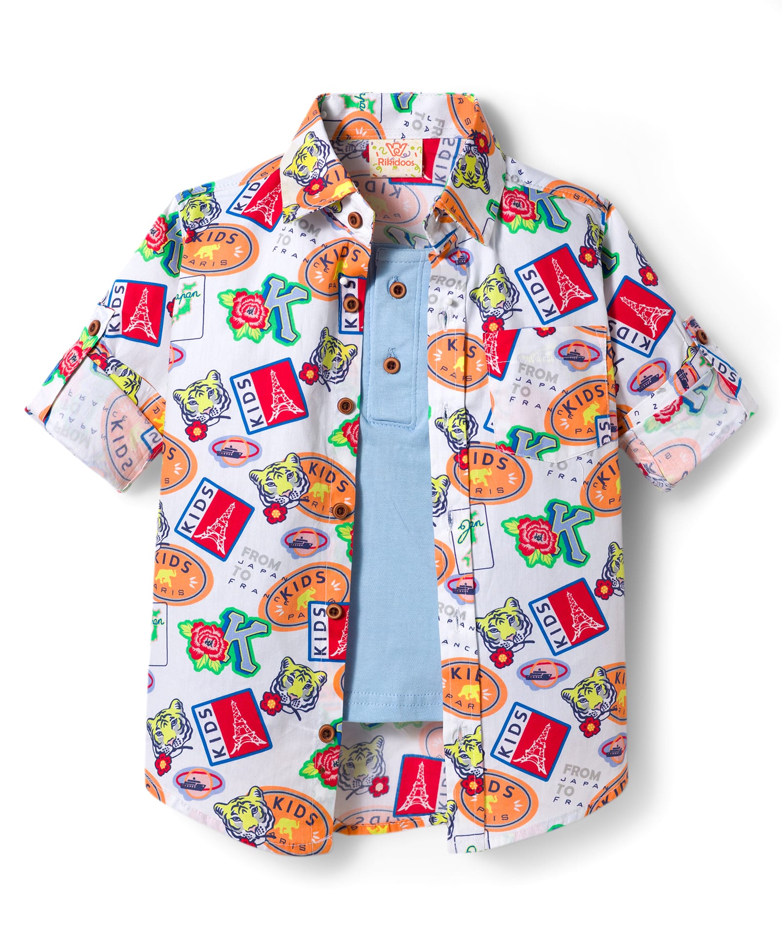 Rikidoos Cotton Woven Shirt With Attach T-Shirt Printed White 3-4 Years-image-7