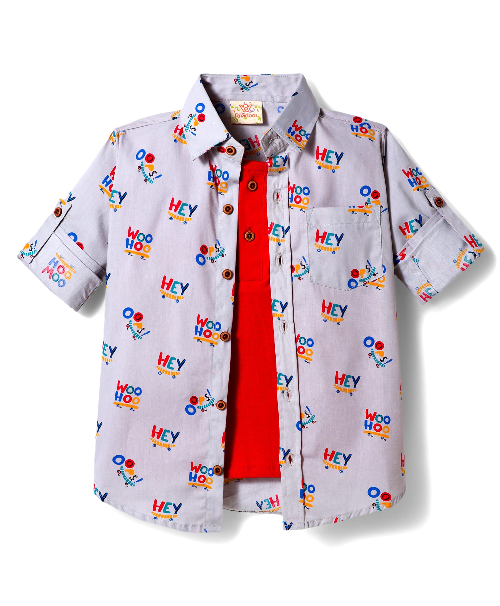 Rikidoos Cotton Woven Shirt with Attached T-Shirt Full Sleeves Graphic Print Grey 4-5 Years-image-30