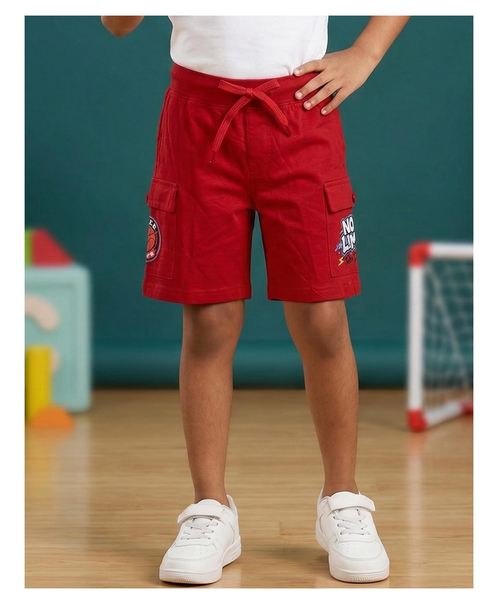 Kaboosh Cotton Knit No Limit Rise Daily Text Printed Cargo Style Shorts - Red-picture-0