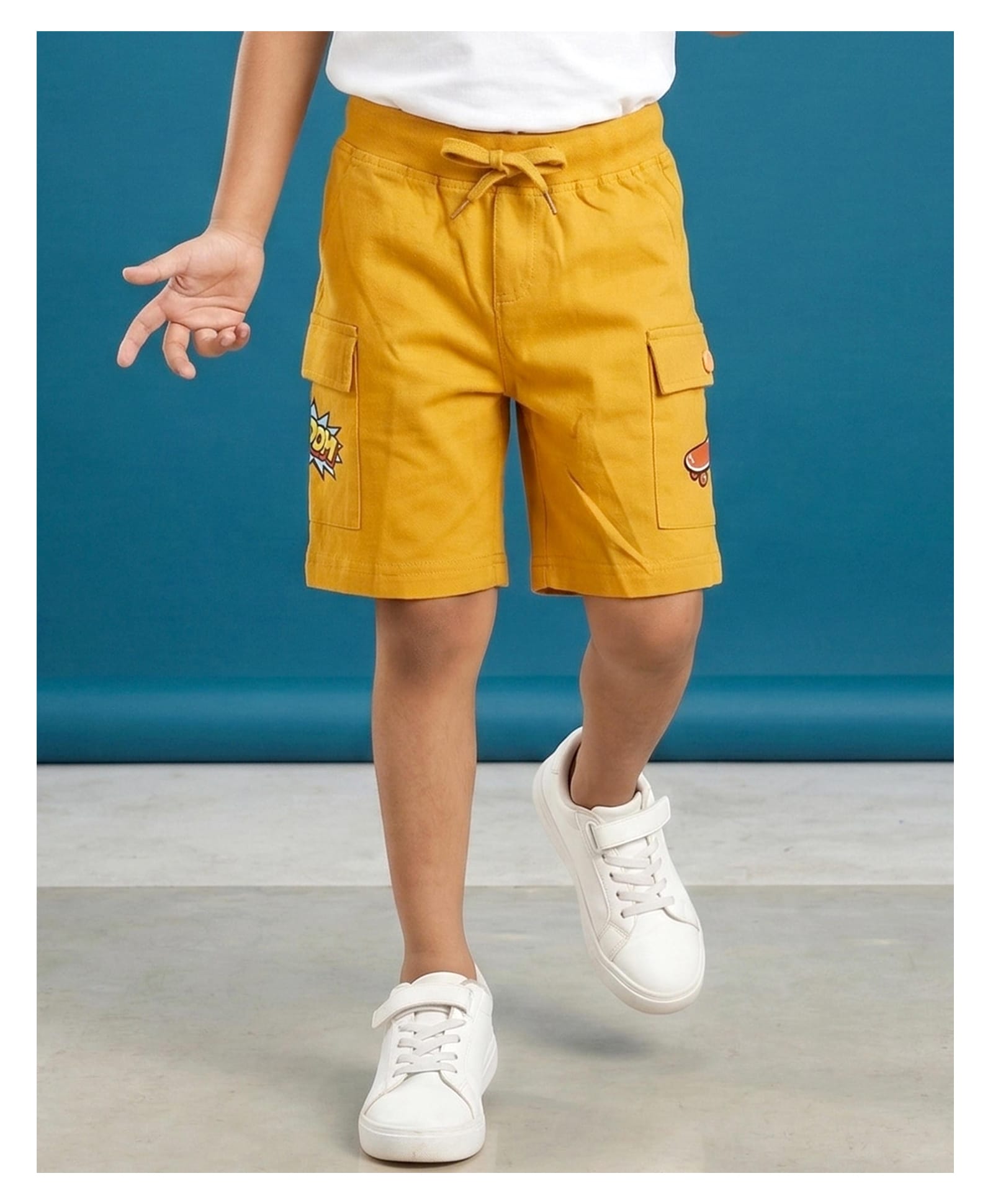 Kaboosh Cotton Knit Boom Text & Skateboard Printed Cargo Style Shorts - Mustard-picture-9