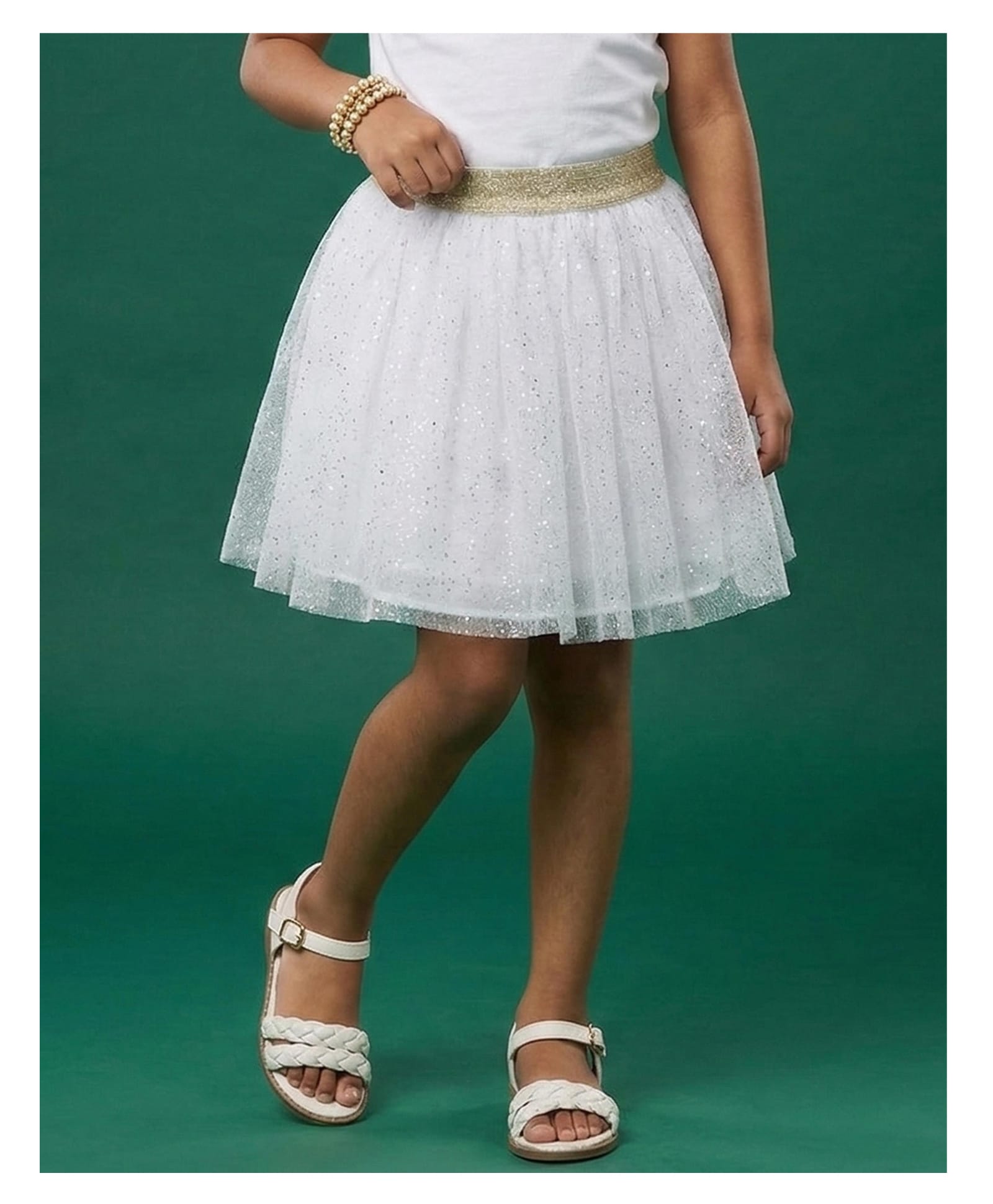 Kaboosh Woven Glitter & Mesh Detailed Foil Printed Skirt - White-picture-14