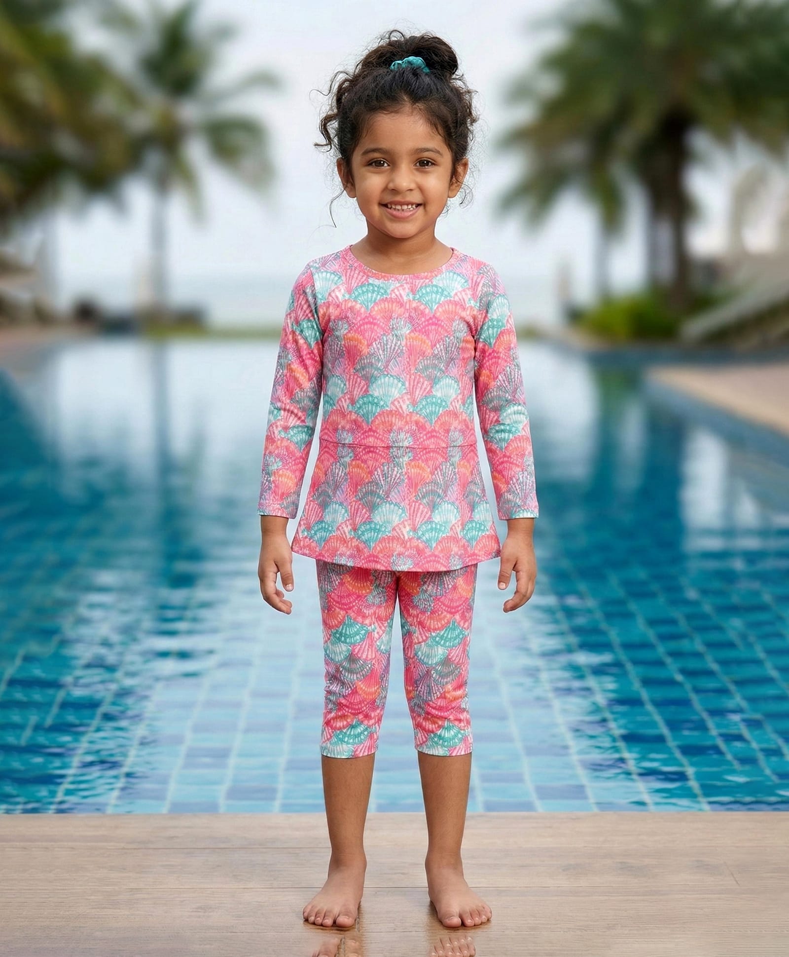 Kaboosh Full Sleeves Shell Printed Swim Dress With Jammer - Coral & Pink-image-17