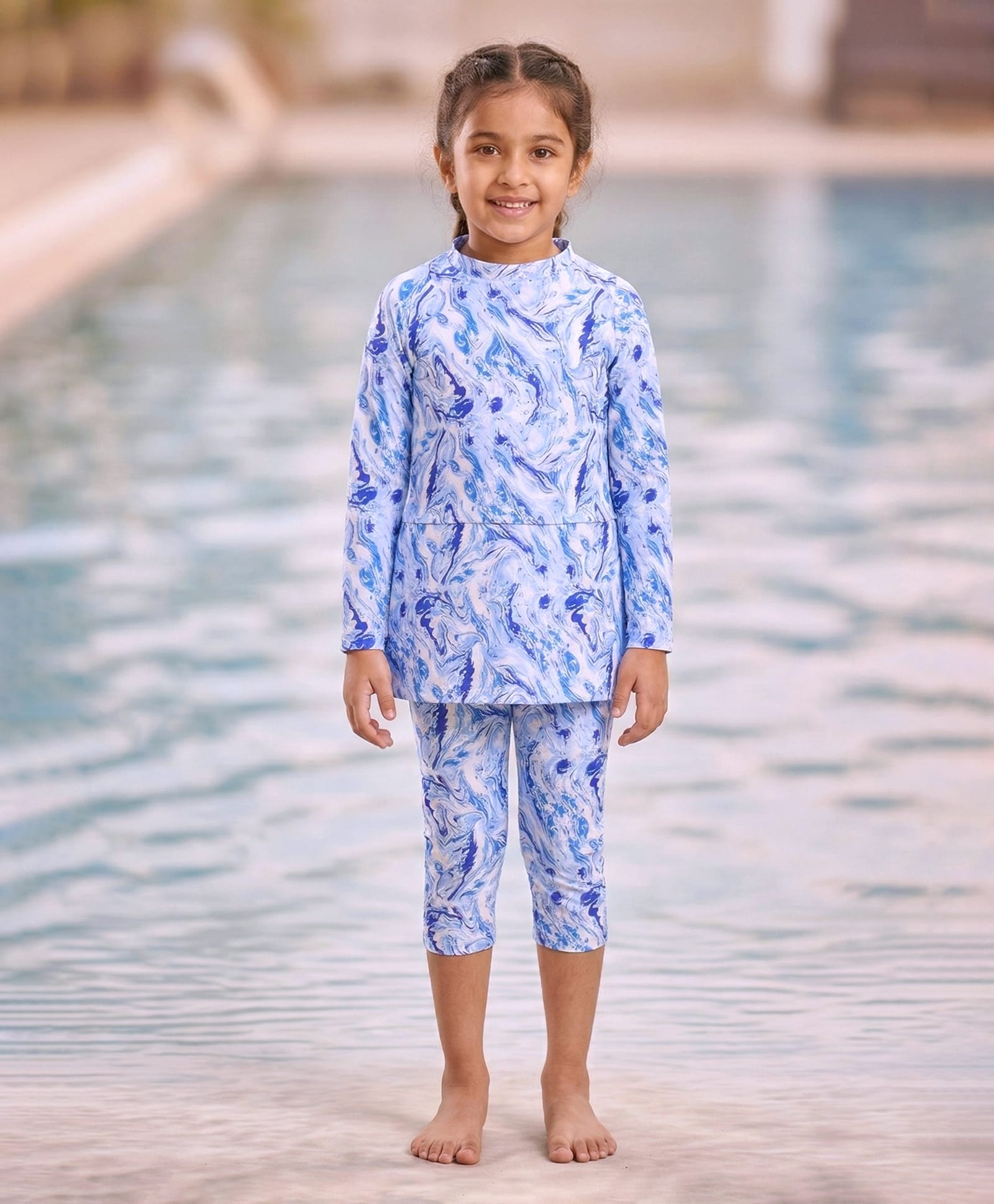 Kaboosh Full Sleeves Marble Printed Swim Dress With Jammer - Ocean Blue-picture-41