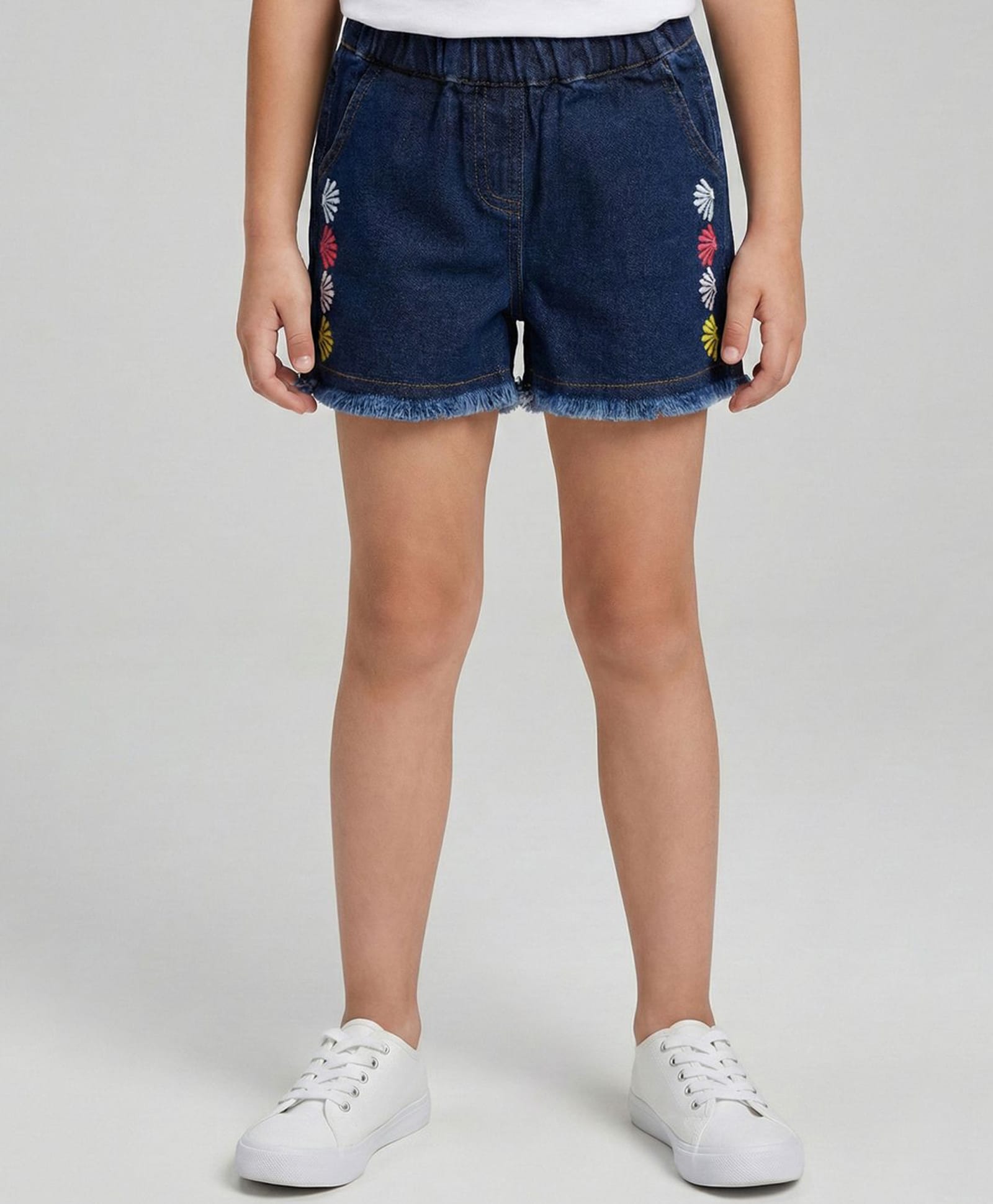 Creative Kids Denim Woven Floral Embroidered Shorts - Navy Blue-picture-11