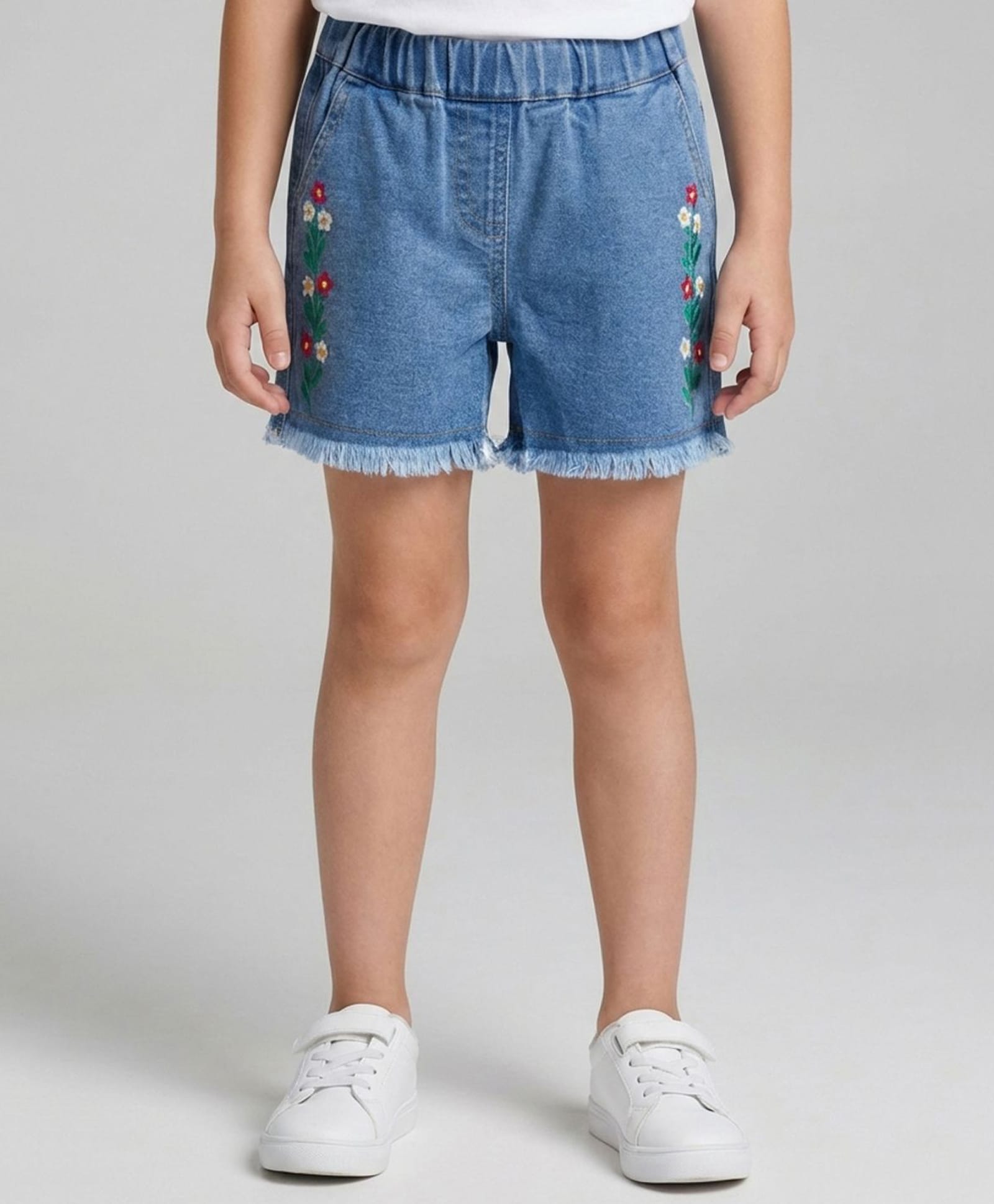 Creative Kids Denim Woven Floral Embroidered Washed Shorts - Light Blue-picture-17