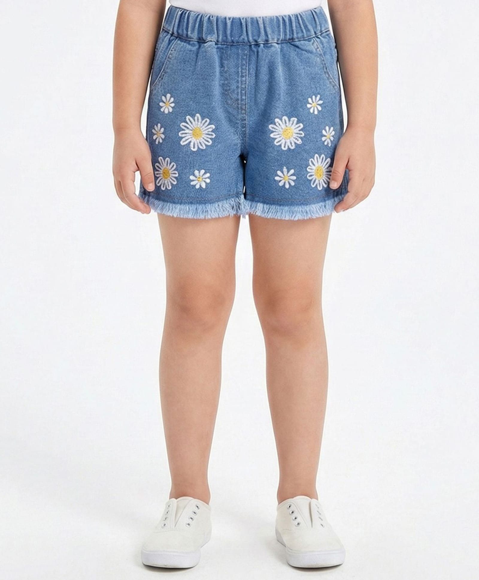 Creative Kids Denim Cotton Floral Embroidery Shorts - Light Blue-picture-18