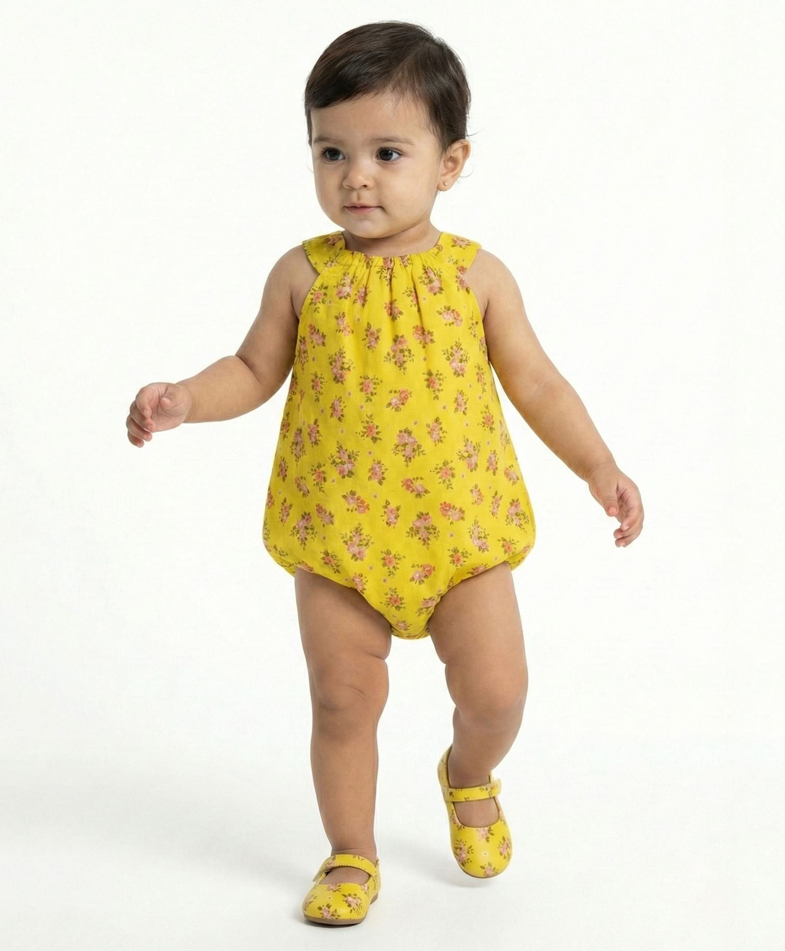 Creative Kids Georgette Woven Sleeveless Floral Printed Onesie - Yellow & Pink-picture-35