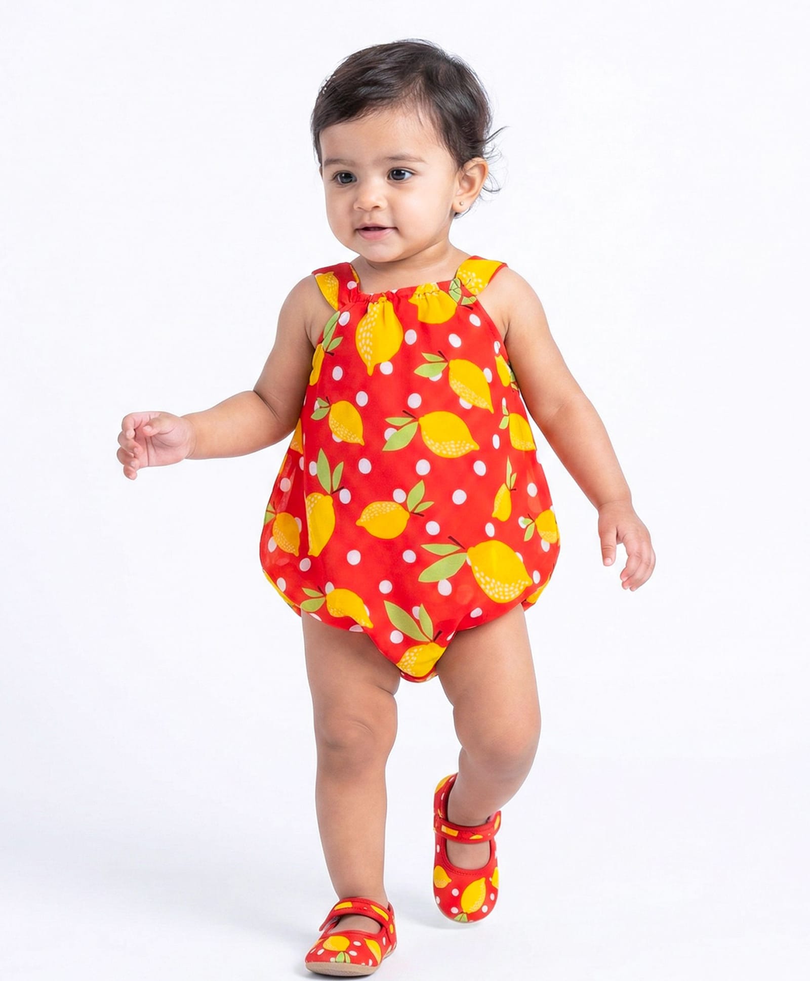 Creative Kids Georgette Woven Sleeveless Lemon & Polka Dots Printed Onesie - Red & Mustard-picture-22