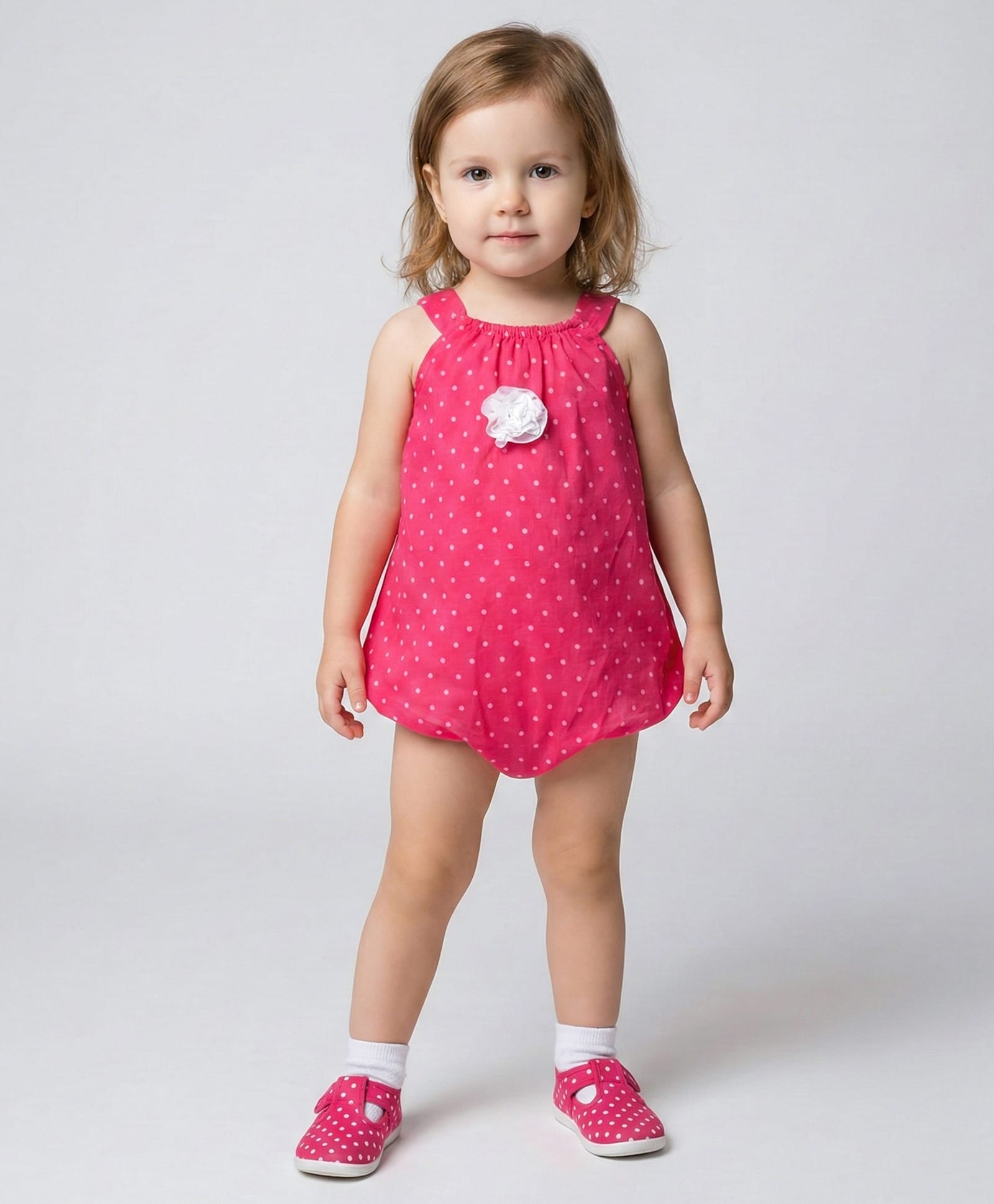 Creative Kids Georgette Woven Sleeveless Polka Dots Printed & Floral Applique Detailed Onesie - Pink-picture-1