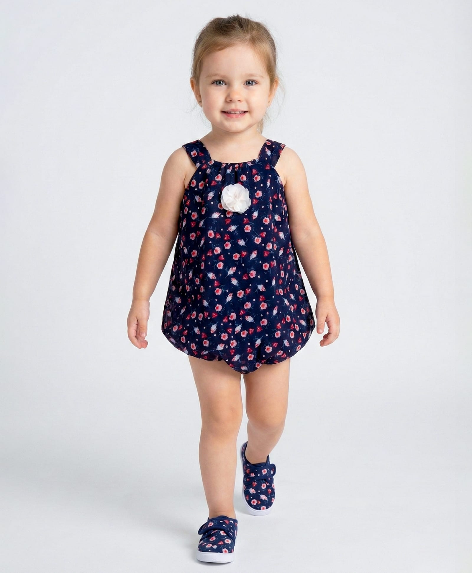Creative Kids Georgette Woven Sleeveless Polka Dots Printed & Floral Applique Detailed Onesie - Blue-picture-41