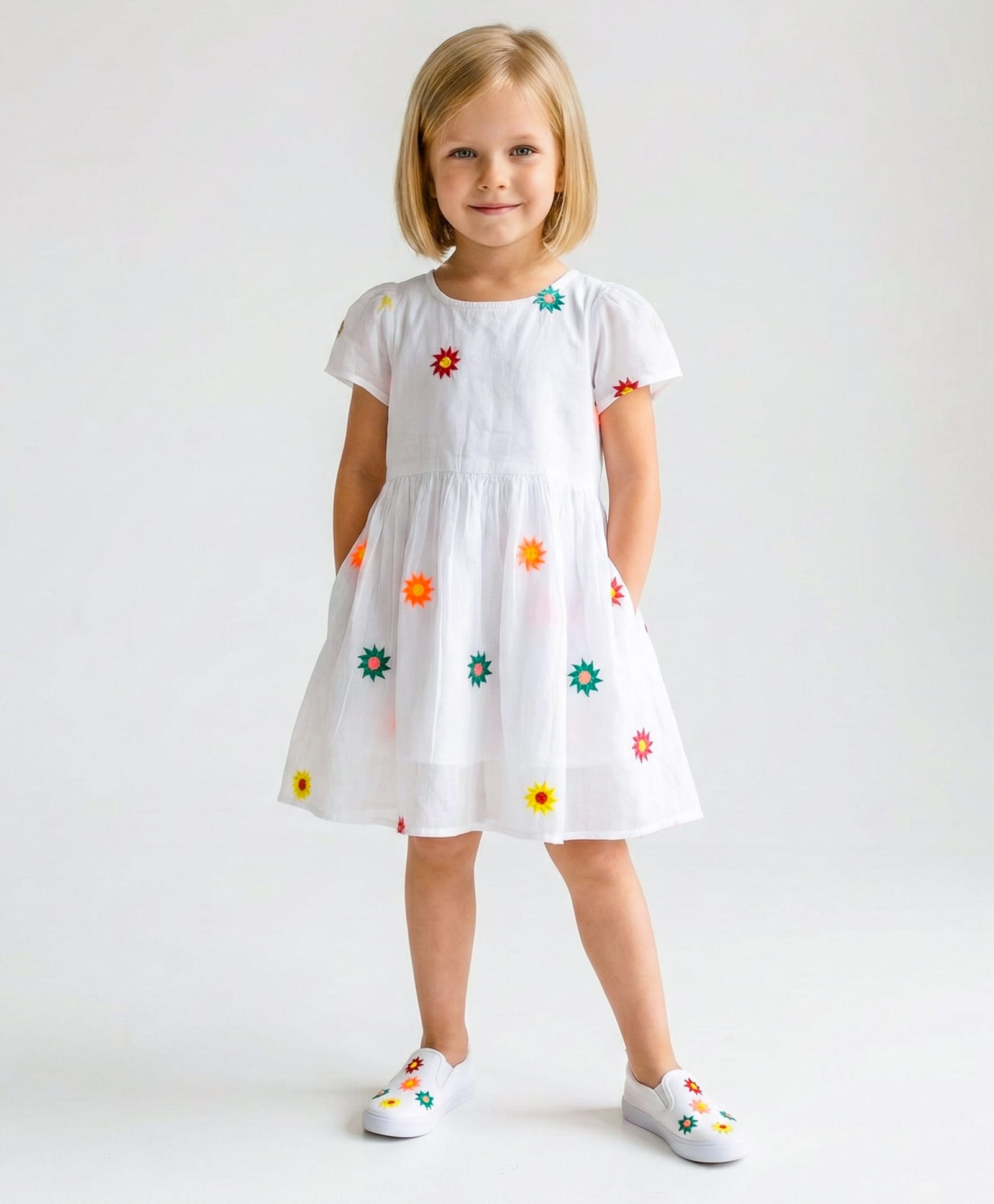 Creative Kids Cotton Woven Half Sleeves Floral Embroidered Dress - White-image-34