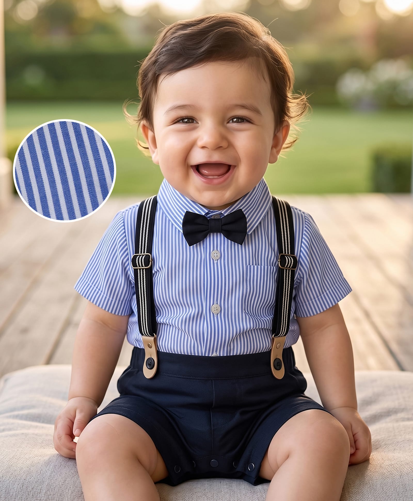 Mark & Mia Knit Woven Half Sleeves Striped Party Rompers With Bow & Suspender - Navy Blue & Light Blue-picture-18