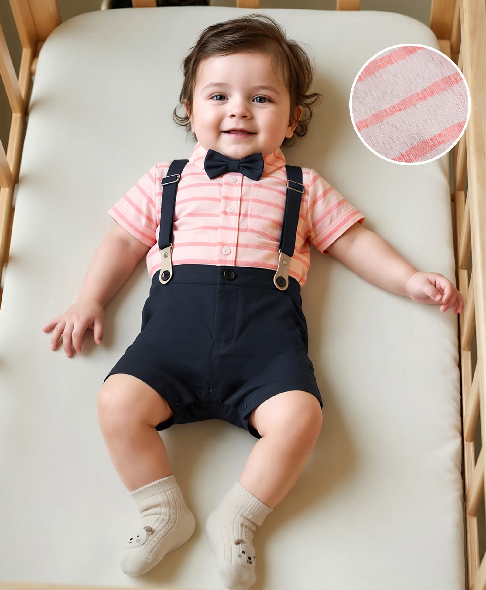 Mark & Mia Cotton Woven Half Sleeves Striped Party Romper With Suspender & Bow - Peach & Navy Blue-picture-40