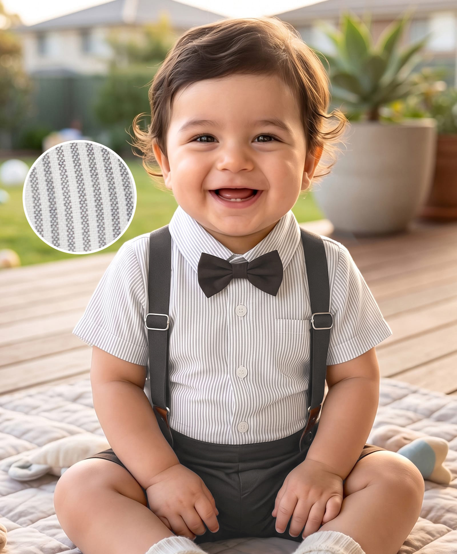 Mark & Mia Cotton Woven Half Sleeves Striped Party Romper With Bow & Suspender - Black-picture-15