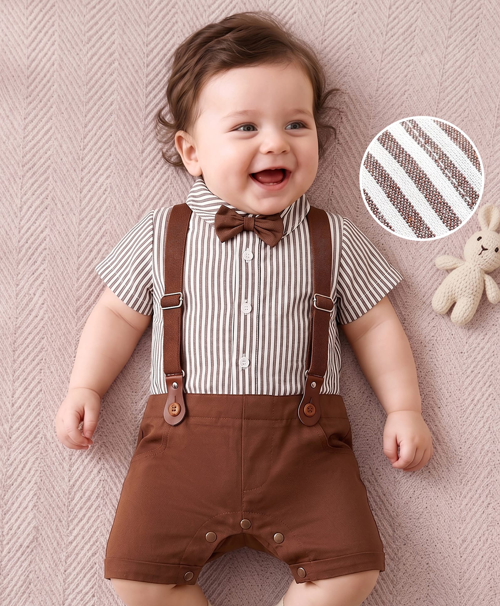 Mark & Mia Cotton Woven Half Sleeves Striped Party Romper with Bow & Suspender - Beige & Brown-image-48