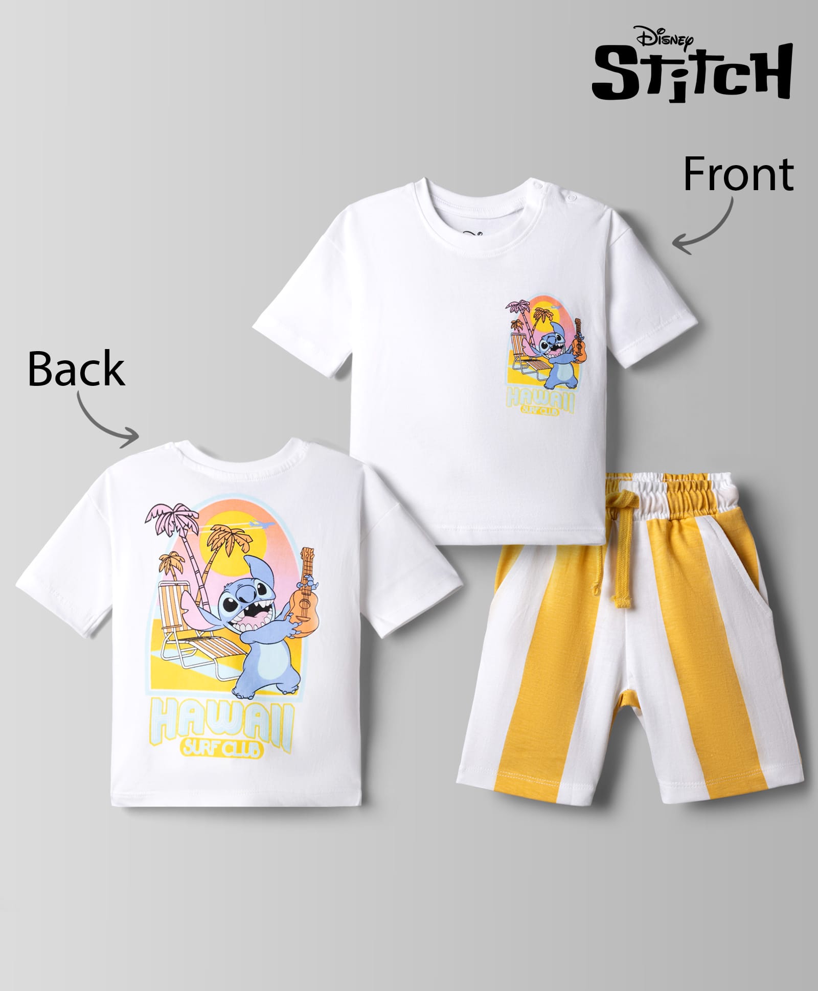 Bonfino Disney Single Jersey Knit Half Sleeves T-Shirt & Striped Shorts Night Suit With Lilo & Stitch Graphic - White-image-7