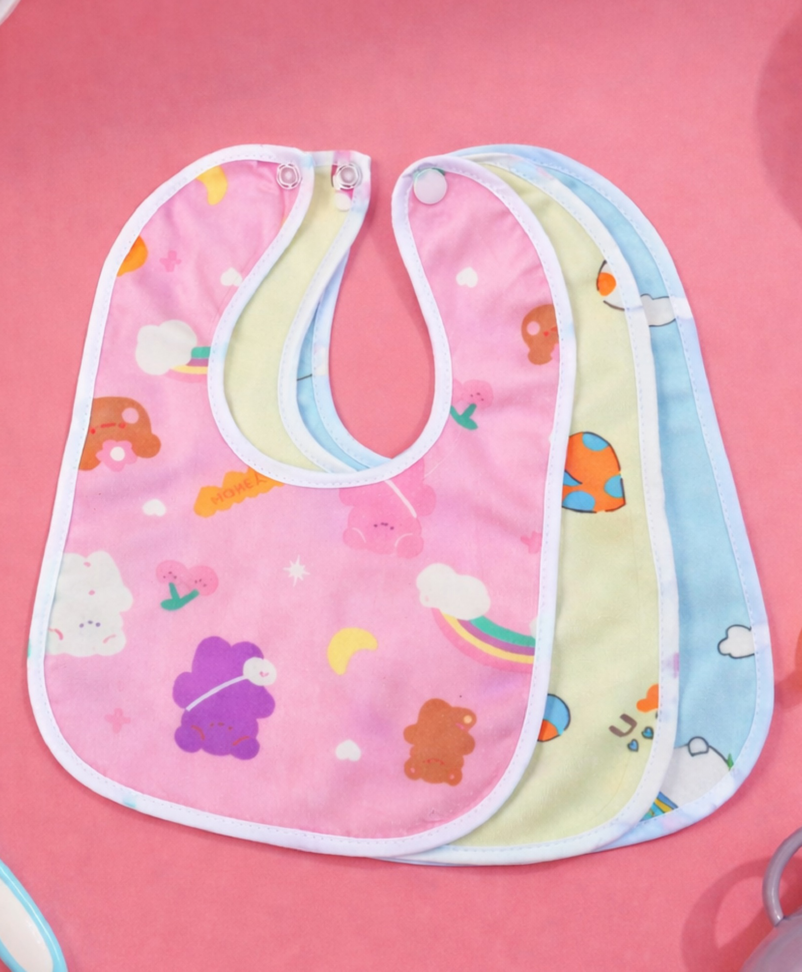 The Cheeky Kidzz Baby Pack of 3 Double Layered Feeding Muslin Bibs Bright Assorted Prints Drool Button Tich Snap Style Button Everyday Use Aprons-image-15