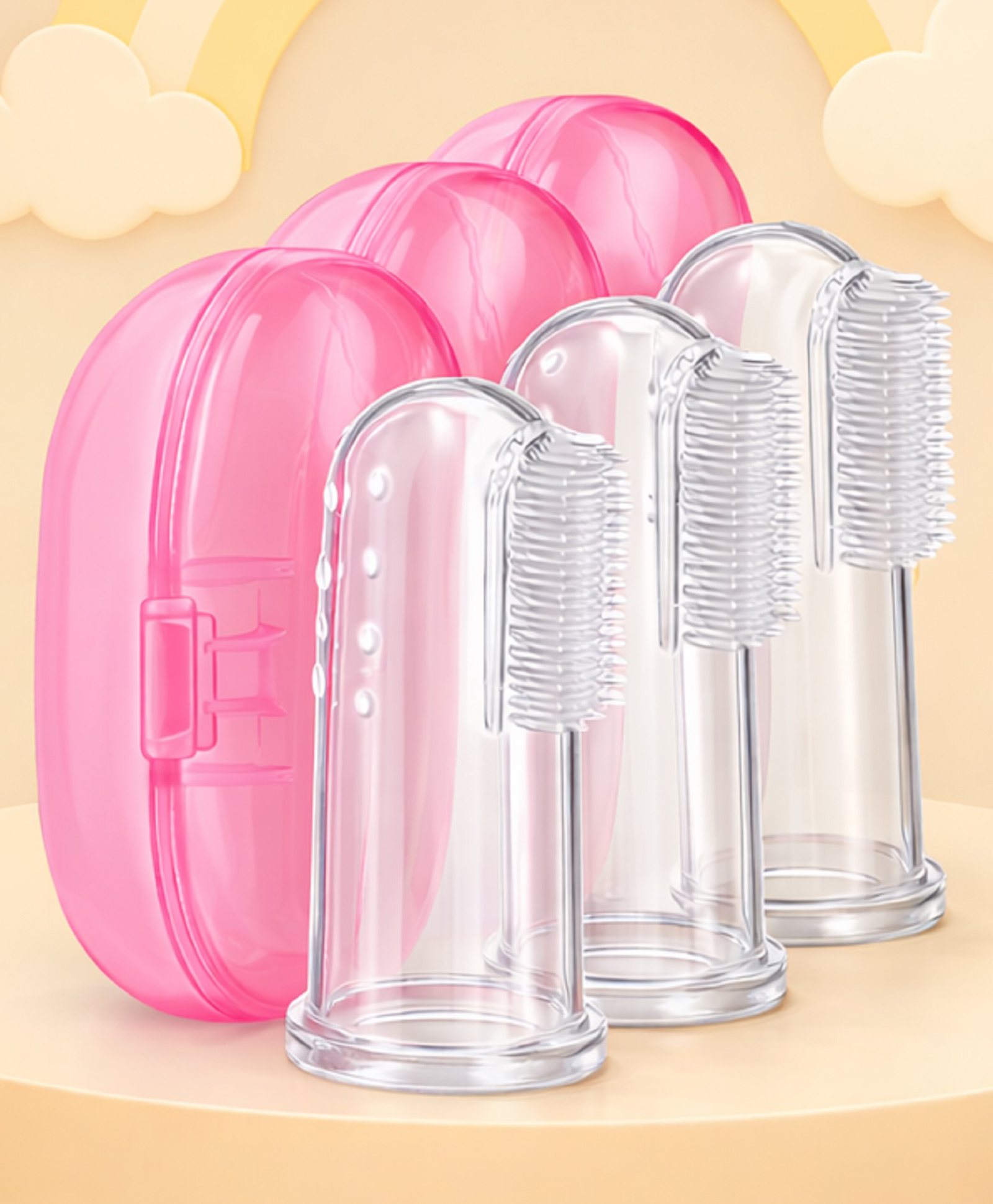 The Cheeky Kidzz 3 Baby Silicone Soft Bristles Finger Tooth Brush With Tongue Cleaner Back And Case BPA Free (PINK)-image-45
