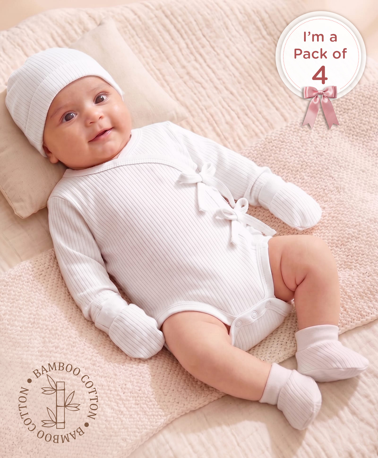 Babyoye 100% Cotton Interlock Knit Full Sleeves Solid Onesie With Cap Mittens & Booties - White-image-36