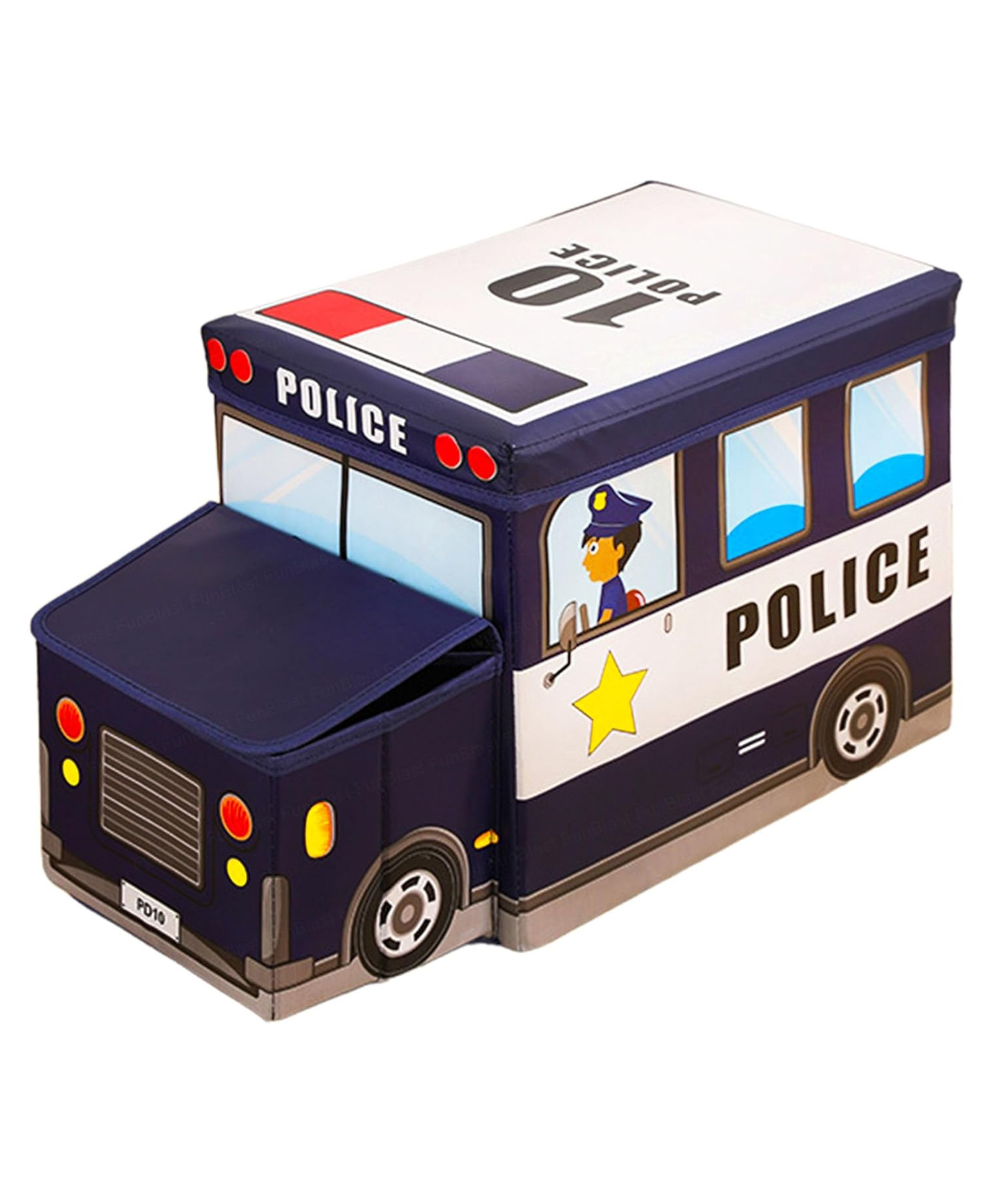 New Pinch Kids Police Bus Shape Storage Box With Lid Cum Sitting Stool Cum Playing Toy | Collapsible, Hard Cardboard- Blue-picture-18