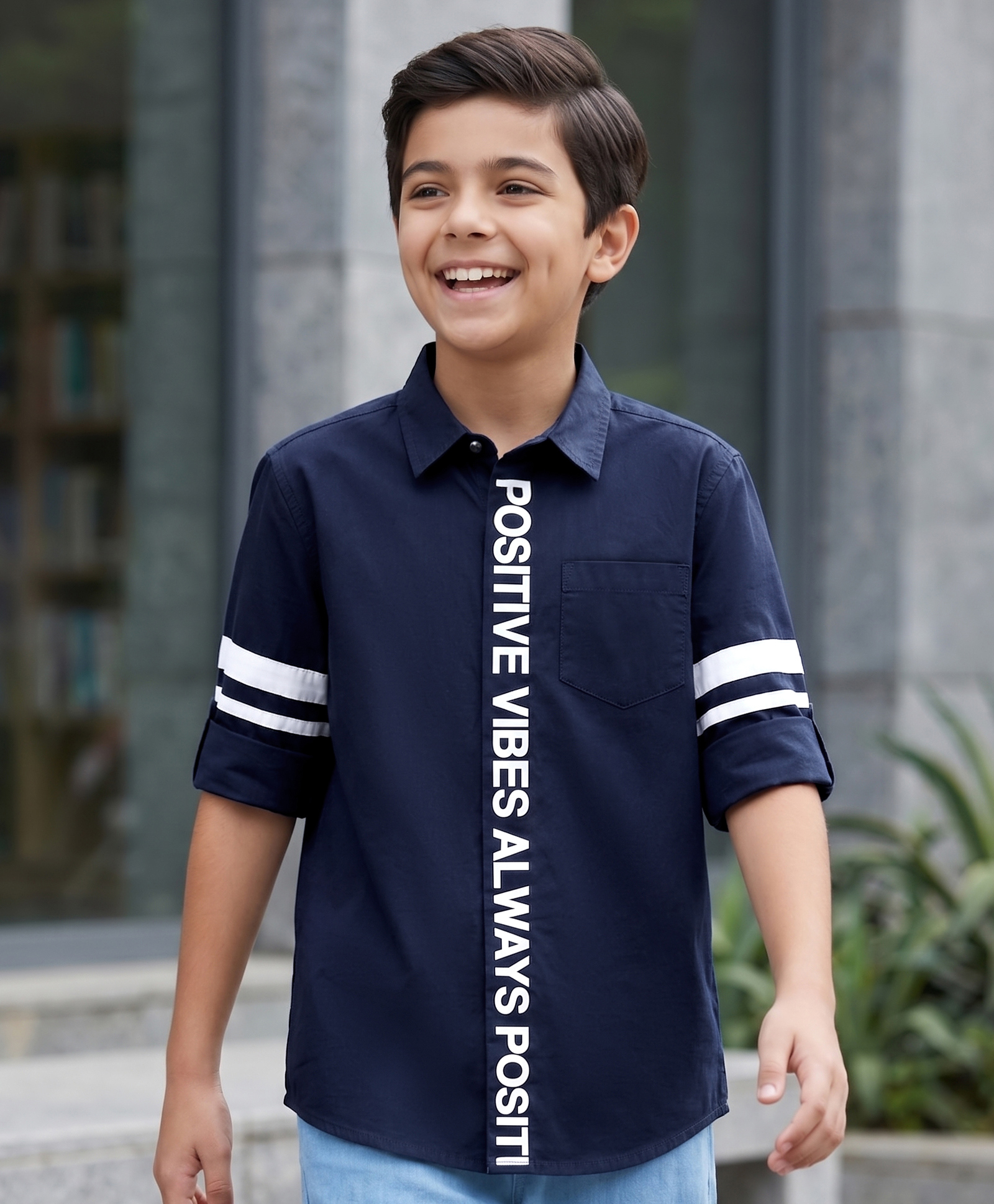 Pine Kids Cotton Woven Full Sleeves Text Printed Shirt - Navy Blue-picture-1