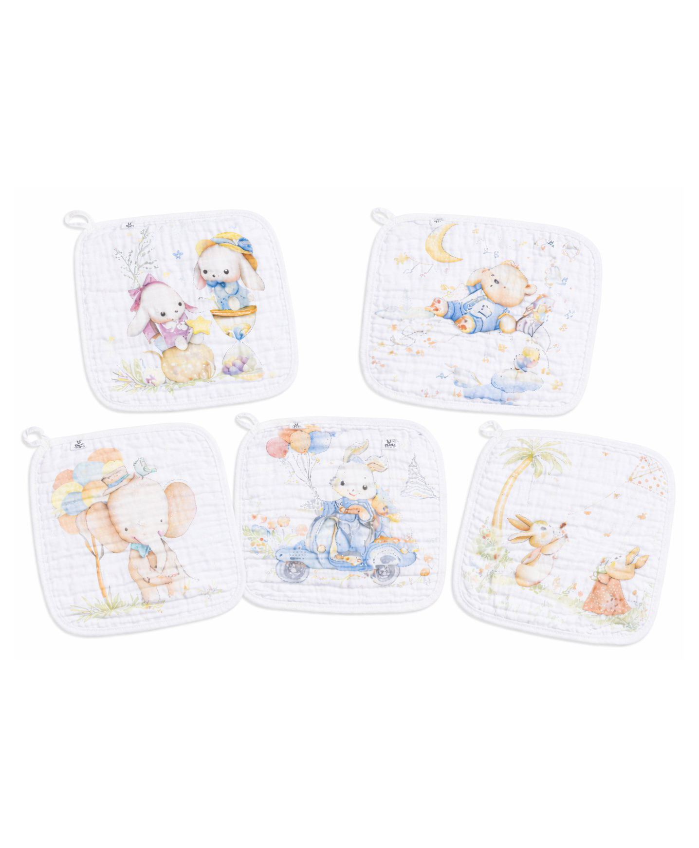 Teri Beri Baby Muslin Washcloths Pack of 5, Soft Cotton Baby Face Towels, Cartoon Printed Baby Wipes Cloth for Newborn, Infant & Kids, Reusable Baby Bath & Feeding Hanky (Beige)-picture-20