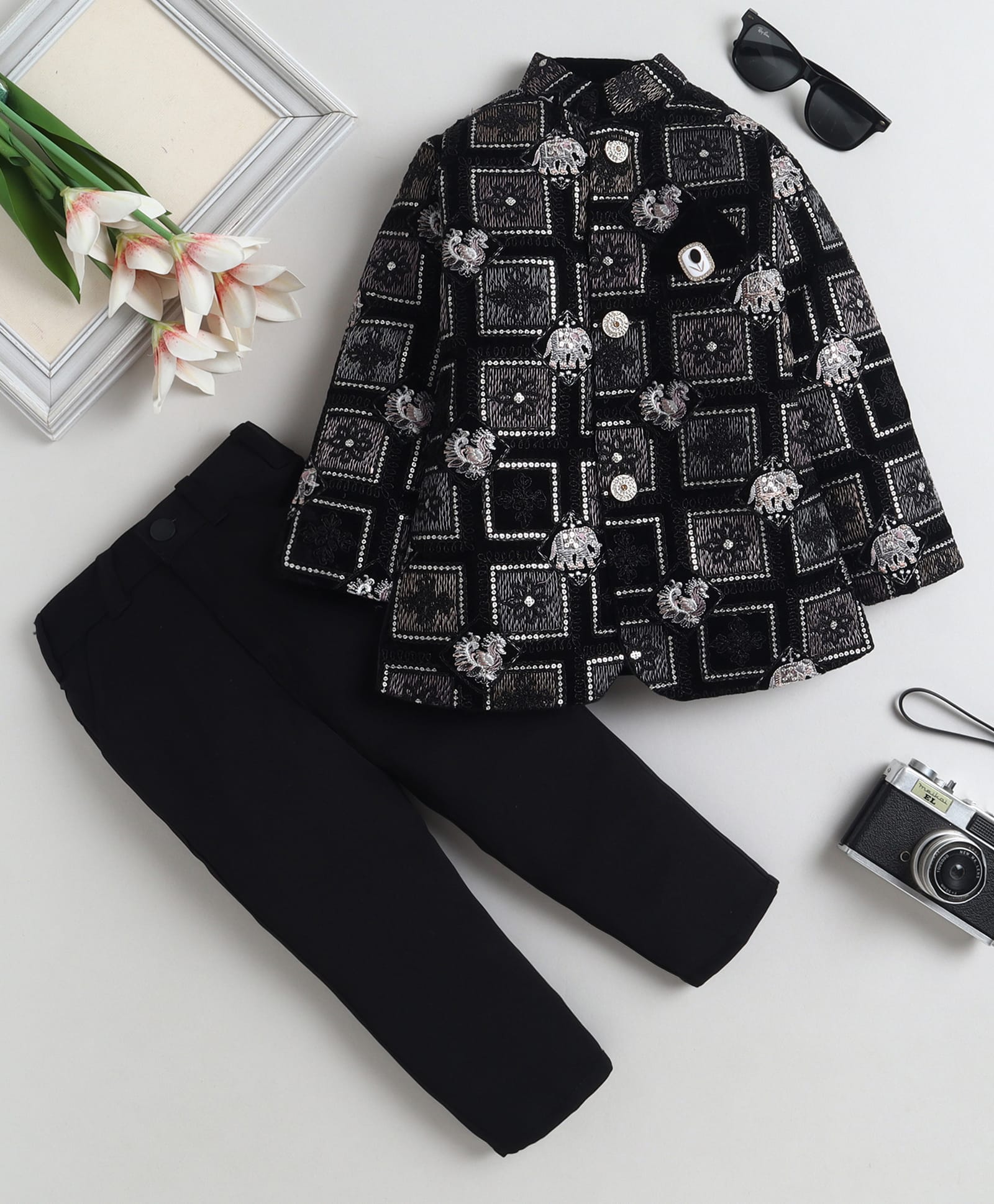 Fourfolds Velvet Woven Full Sleeves Geometric Floral & Elephant Embroidered Sherwani & Pants Set - Black-image-41