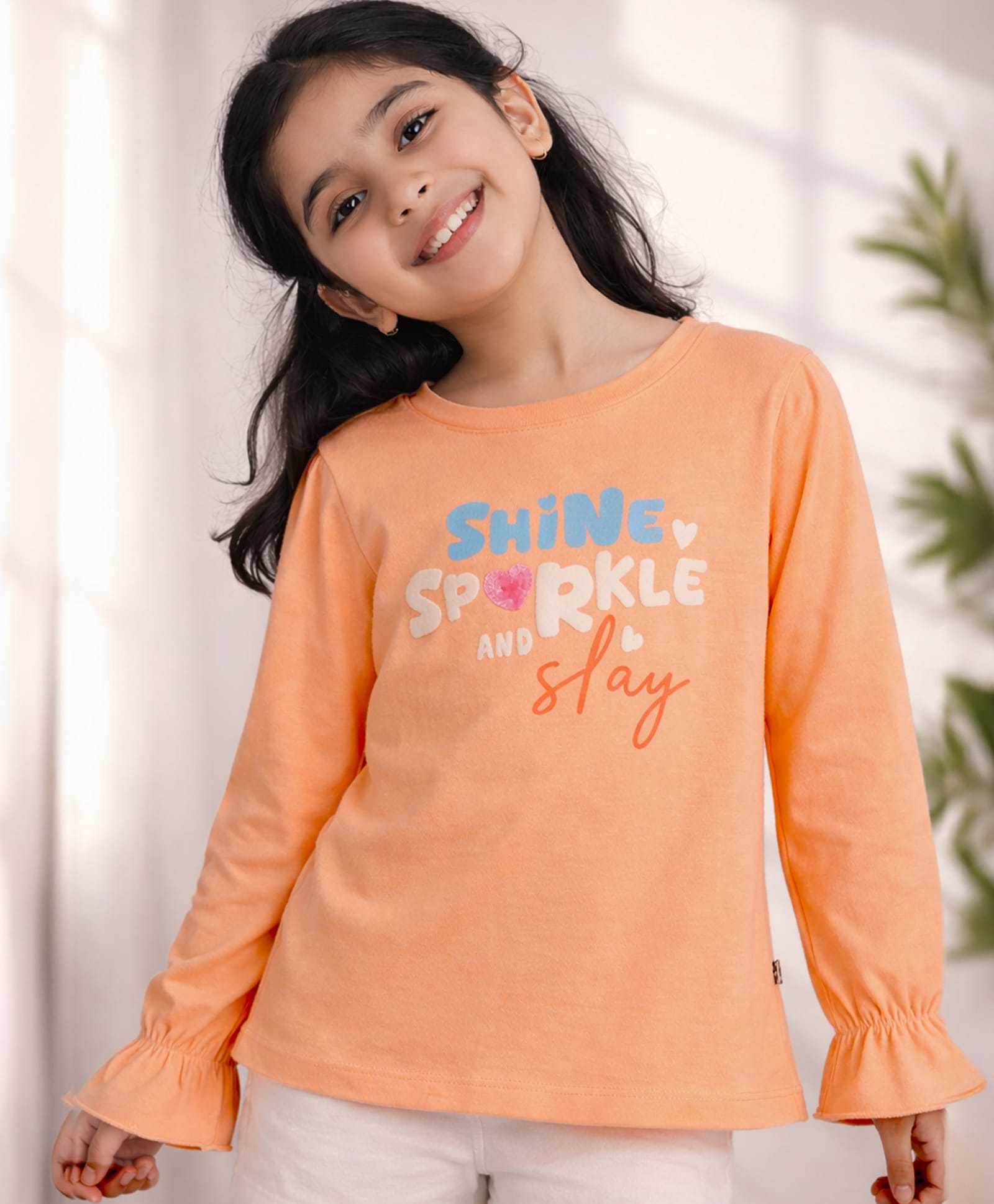 PURPLE UNITED KIDS Single Jersey Woven Full Sleeves Sequins Embellished Heart Designed Shine Sparkle & Play Text Printed Top - Peach-image-35