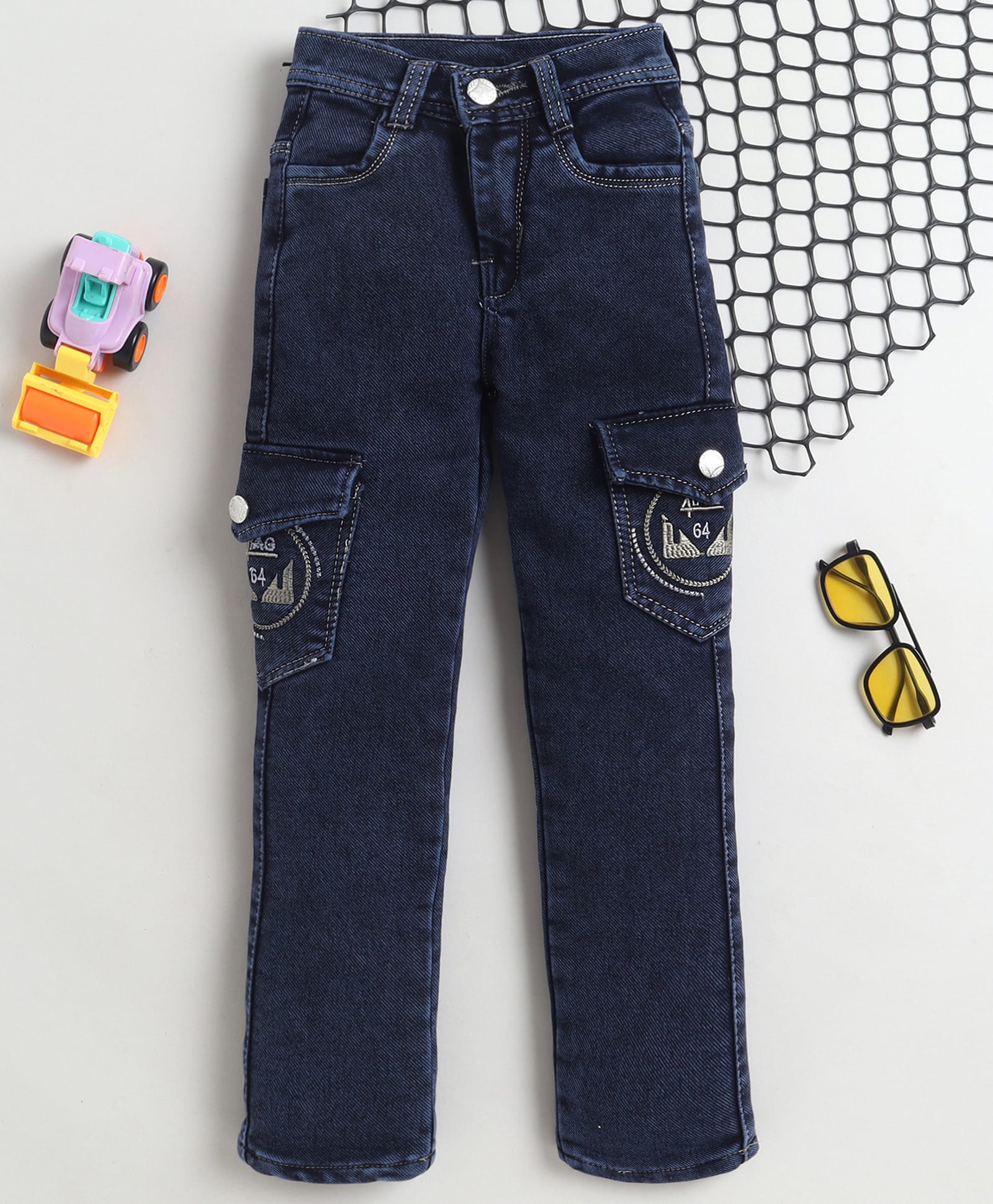 Fourfolds Denim Woven Cargo Style Washed Jeans - Grey-image-6