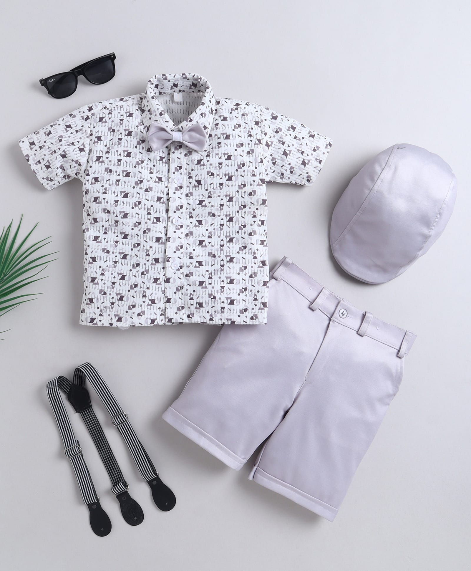 Fourfolds Cotton Blend Woven Half Sleeves Abstract Printed Shirt & Shorts Set With Cap Suspender & Bow - Grey-image-5