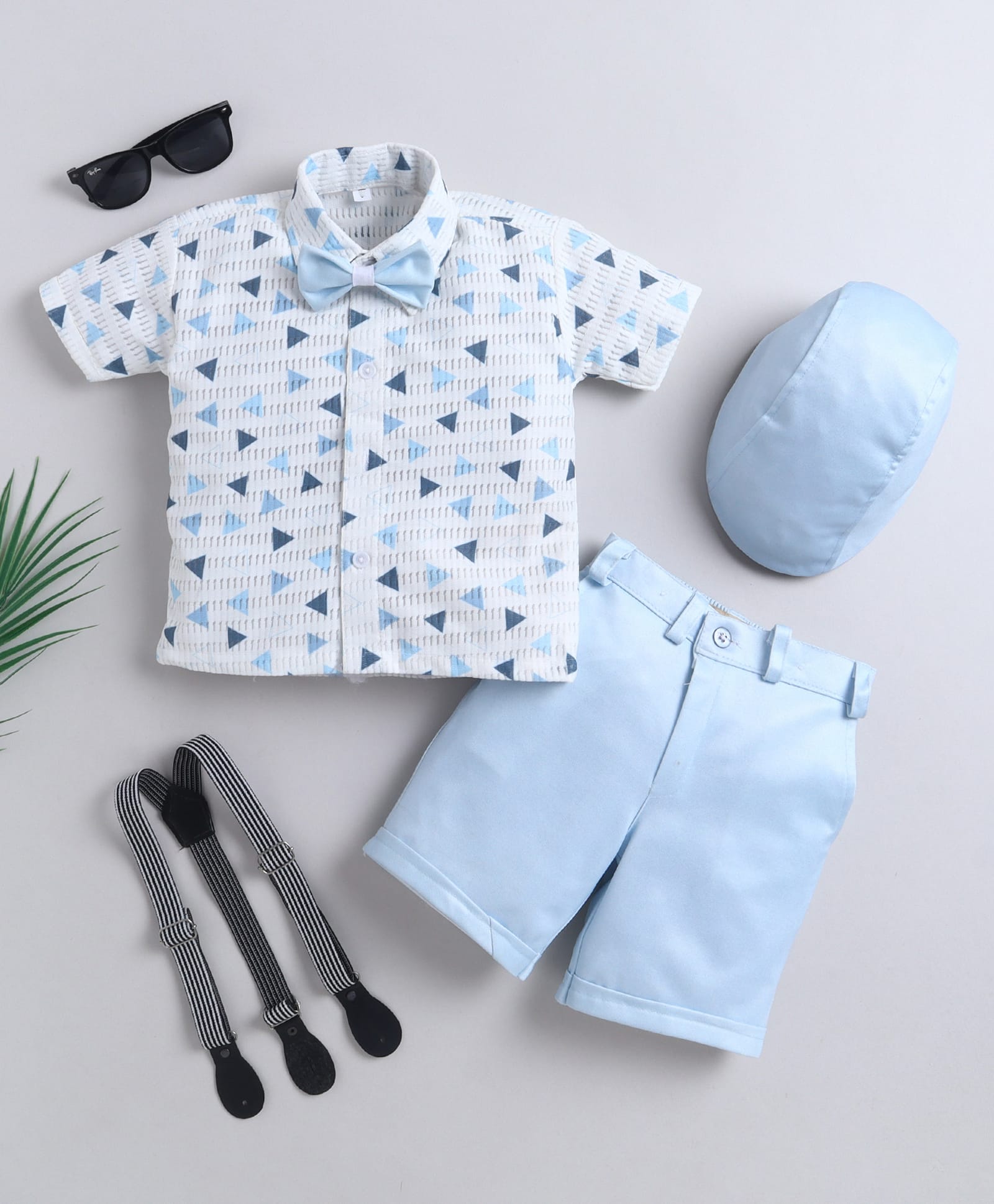 Fourfolds Cotton Blend Woven Half Sleeves Triangles Printed Shirt & Shorts Set With Cap Suspender & Bow - Light Blue-image-20
