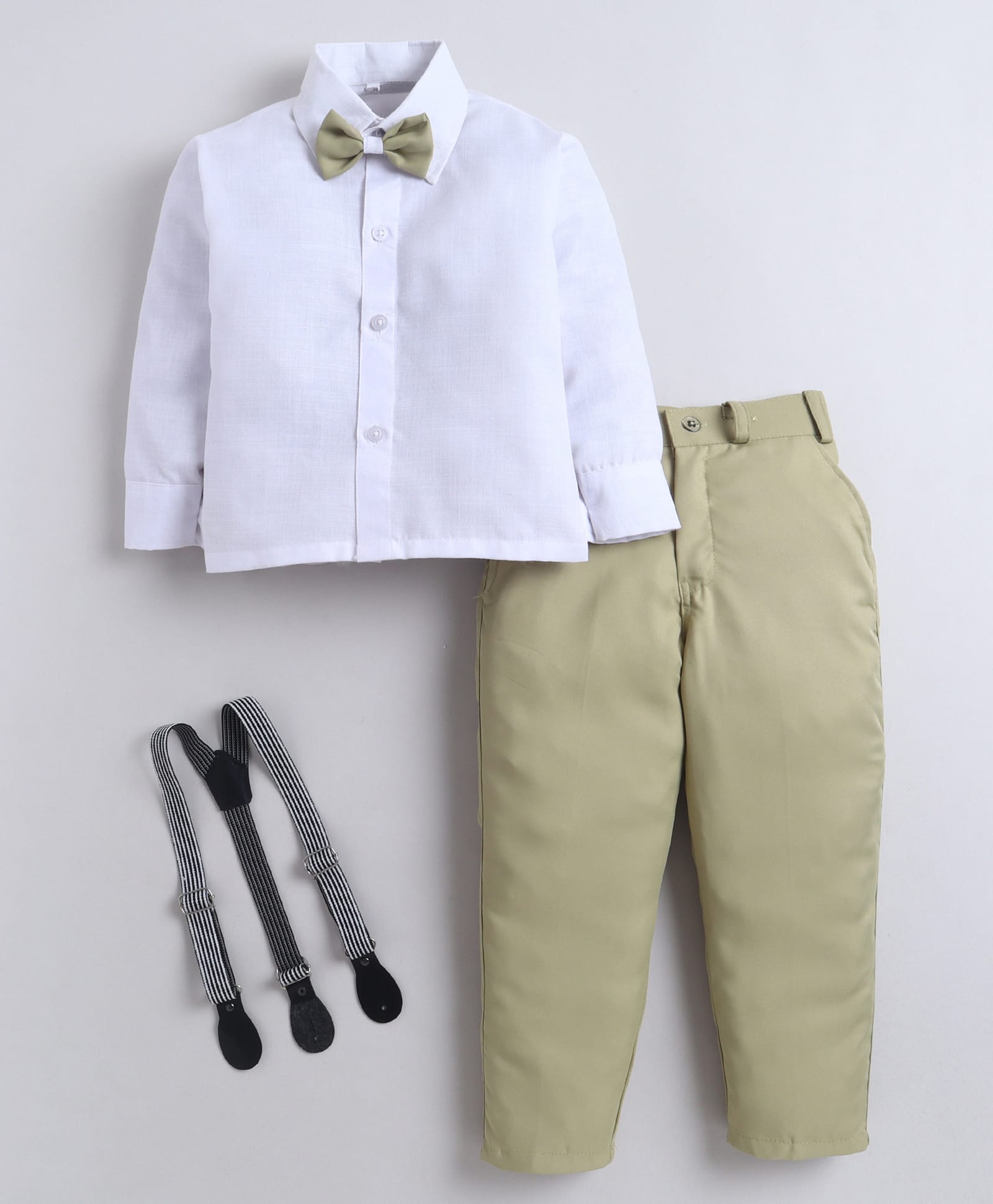 Fourfolds Cotton Blend Woven Full Sleeves Solid Shirt & Pant Set With Suspender & Bow - Olive Green-picture-13