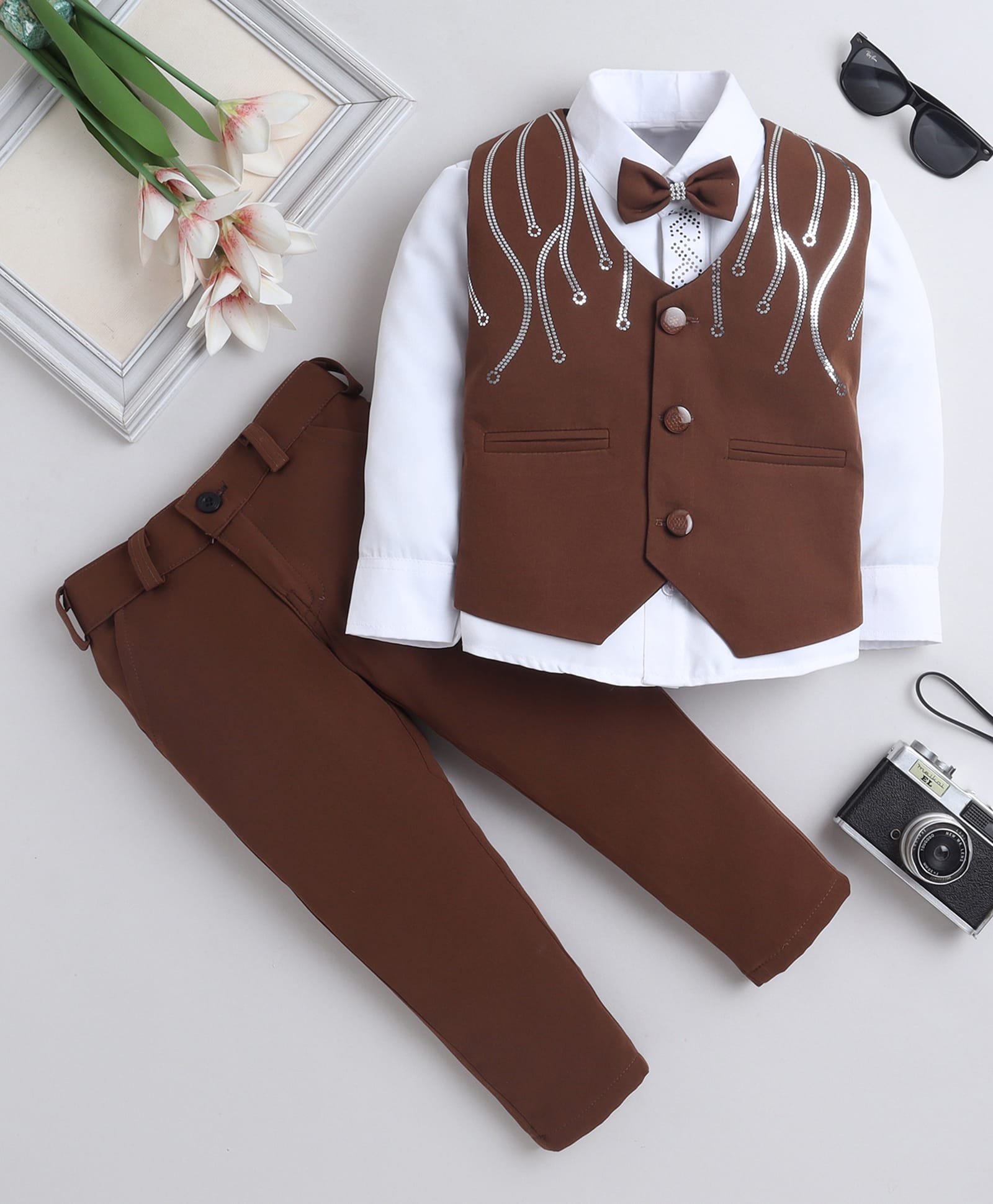 Fourfolds Cotton Blend Woven Full Sleeves Sequins Embellished 3 Piece Party Suit Set With Bow - Brown-picture-24