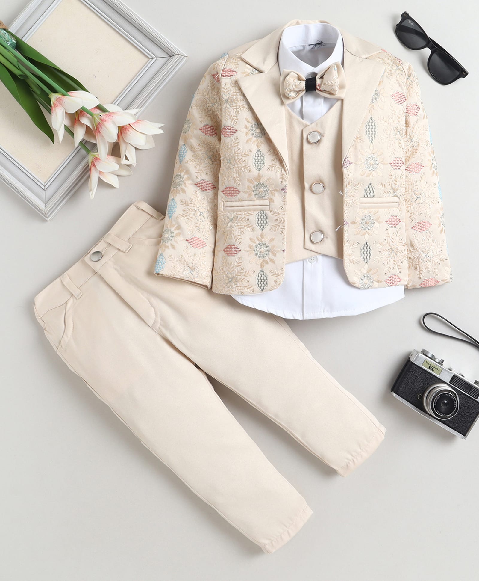 Fourfolds Cotton Blend Woven Full Sleeves Floral Embroidered & Sequins Embellished 3 Piece Party Suit Set With Bow - Beige-picture-18