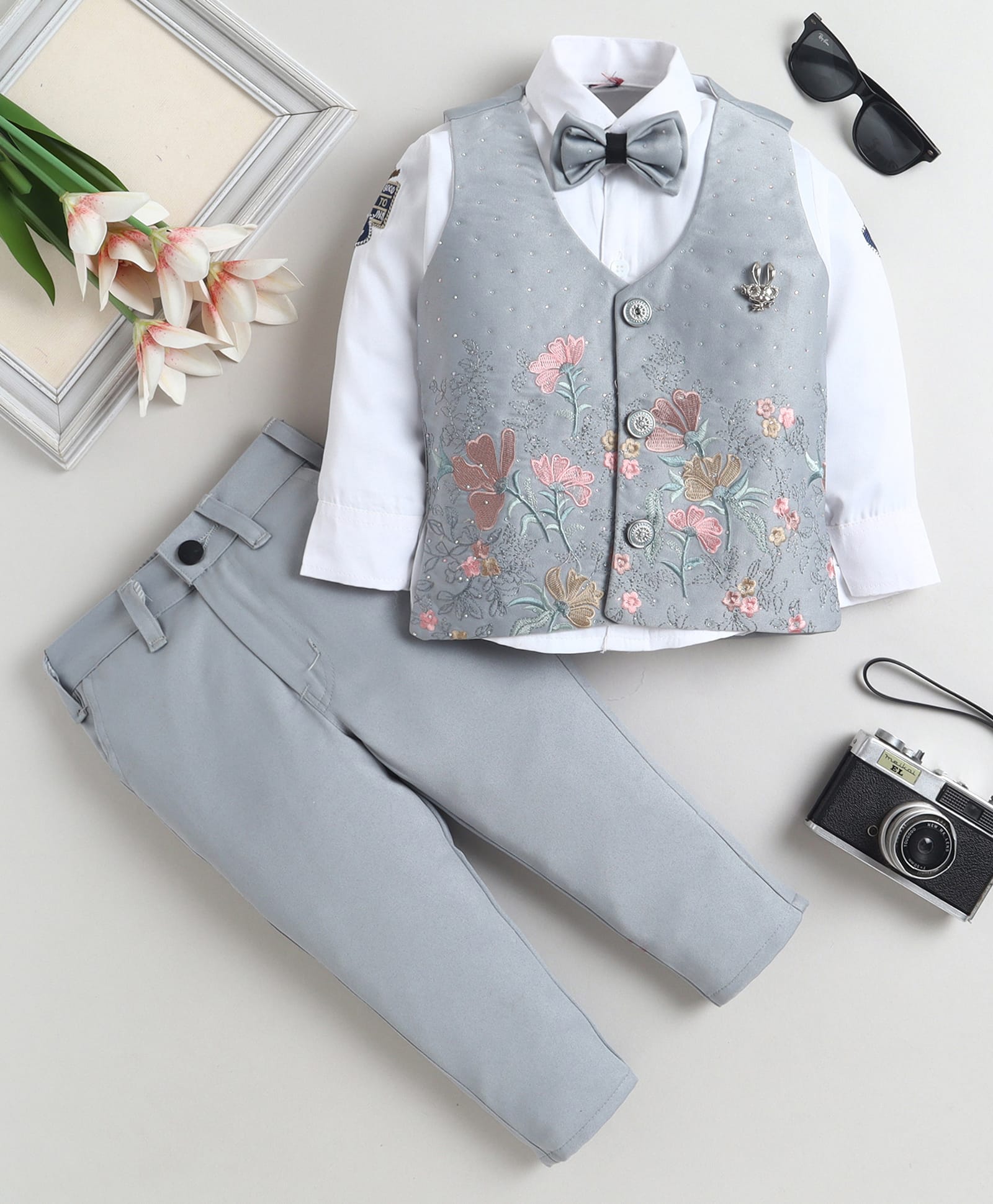 Fourfolds Cotton Blend Woven Full Sleeves Floral Embroidered & Stone Embellished Bunny Brooch Detailed 3 Piece Party Suit Set With Bow - Grey-picture-24