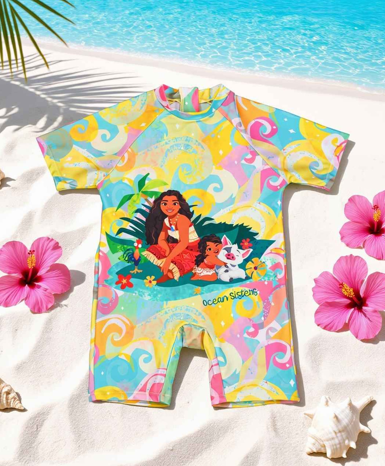 Yellow Bee Disney Featuring Half Sleeves Moana Printed Swimsuit - Multi Colour-image-49