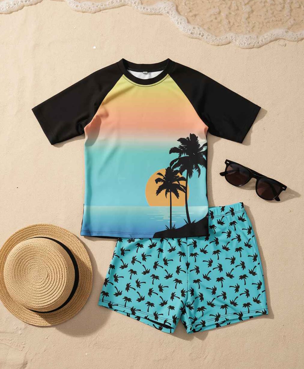 Yellow Bee Half Sleeves Sunset Printed Swimming Tee & Trunks Set - Multi Colour-image-24