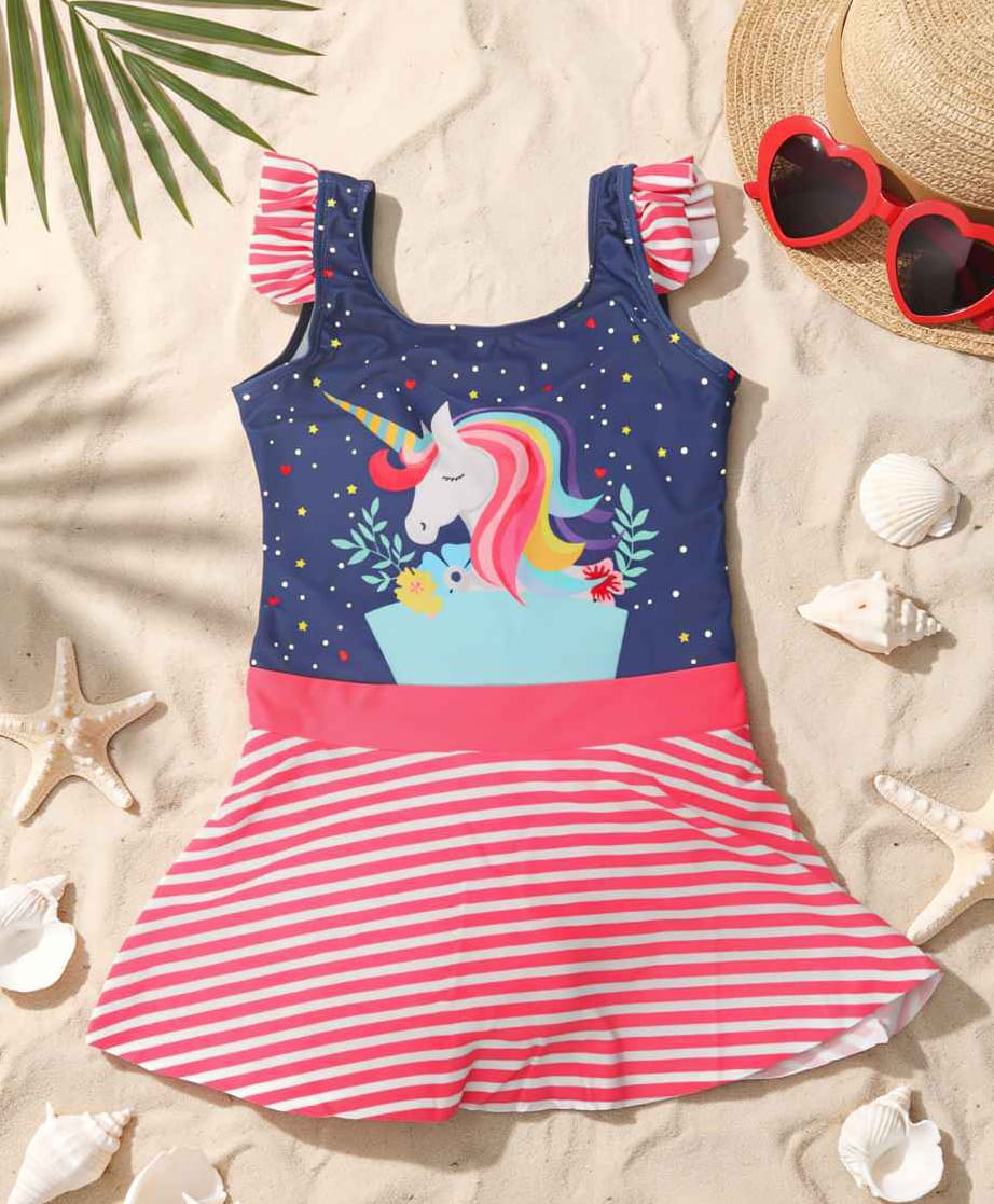 Yellow Bee Sleeveless Ruffle Detailed & Unicorn Printed Swimsuit - Multi Colour-image-29