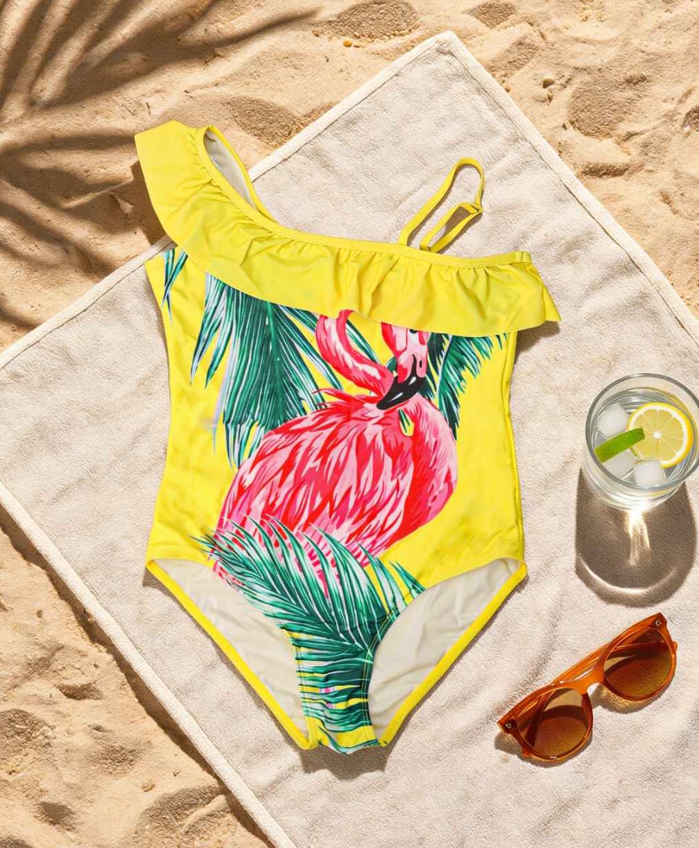 Yellow Bee Sleeveless Flamingo Printed Ruffle Detailed One Piece Swimsuit - Yellow-image-13