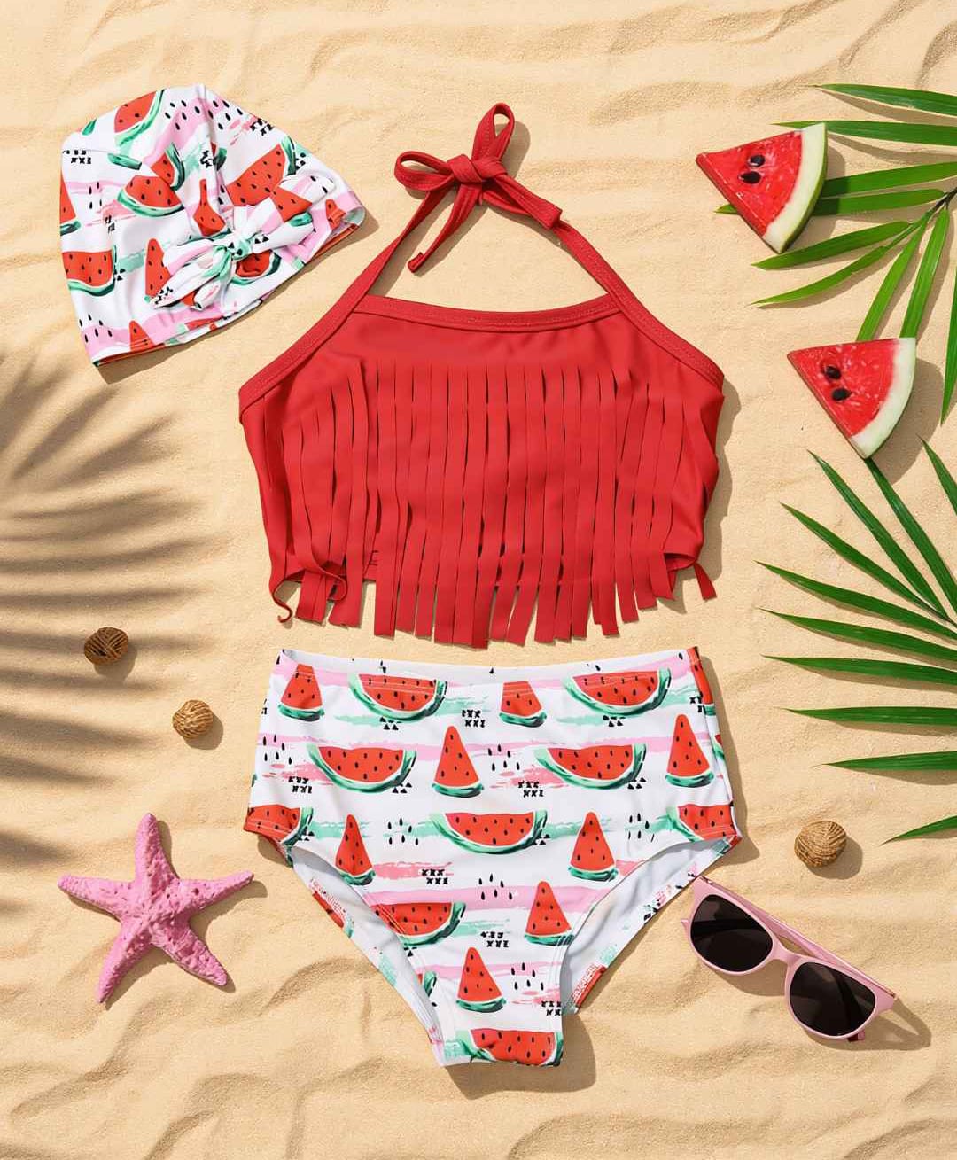 Yellow Bee Sleeveless Tassels Detailed & Watermelon Printed Bikini Swimsuit With Cap - Red & White-image-6