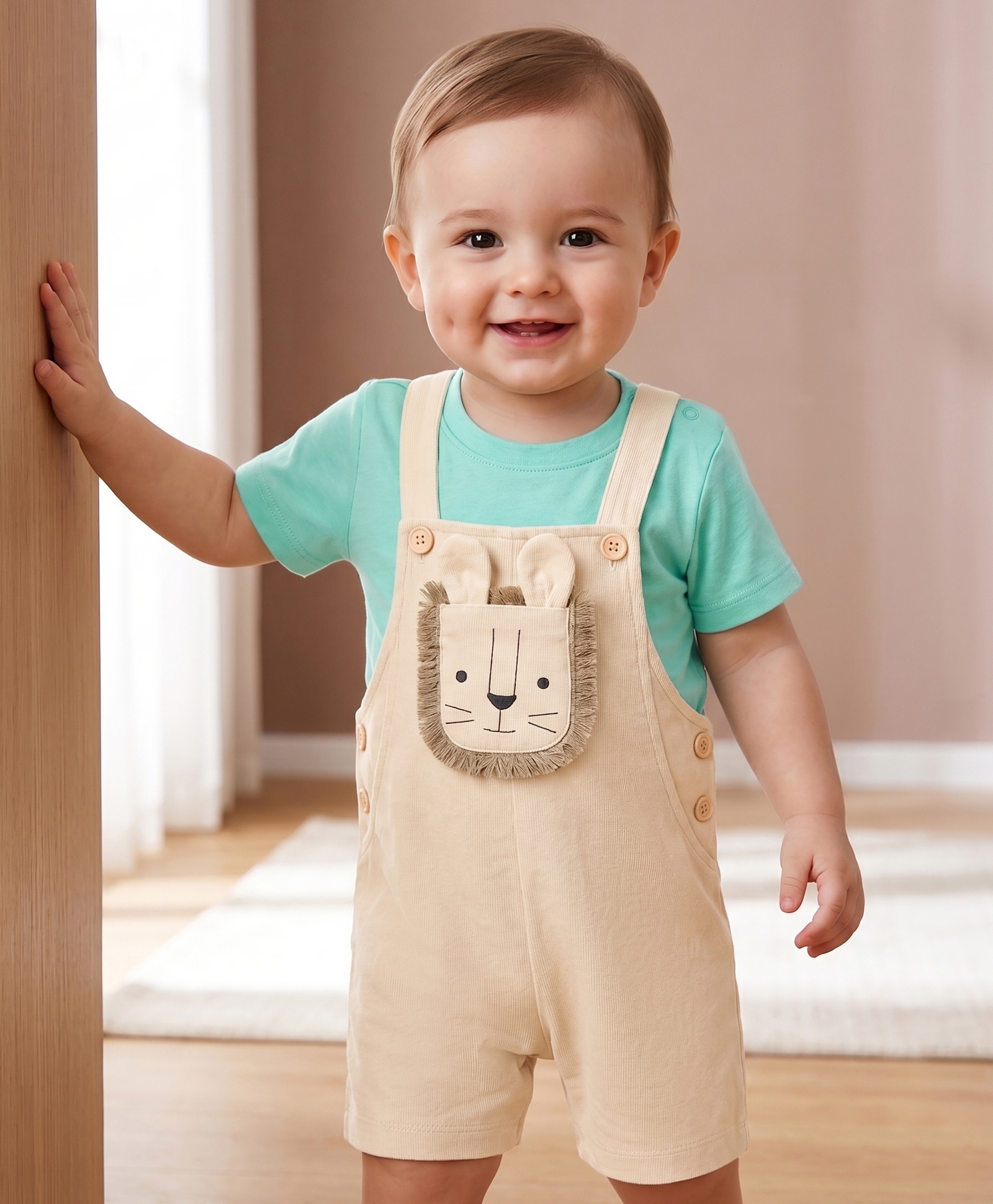 Babyoye 100% Cotton Knit Half Sleeves Dungaree With Inner Tee With Lion Print & Applique - Aqua Blue & OffWhite-image-17